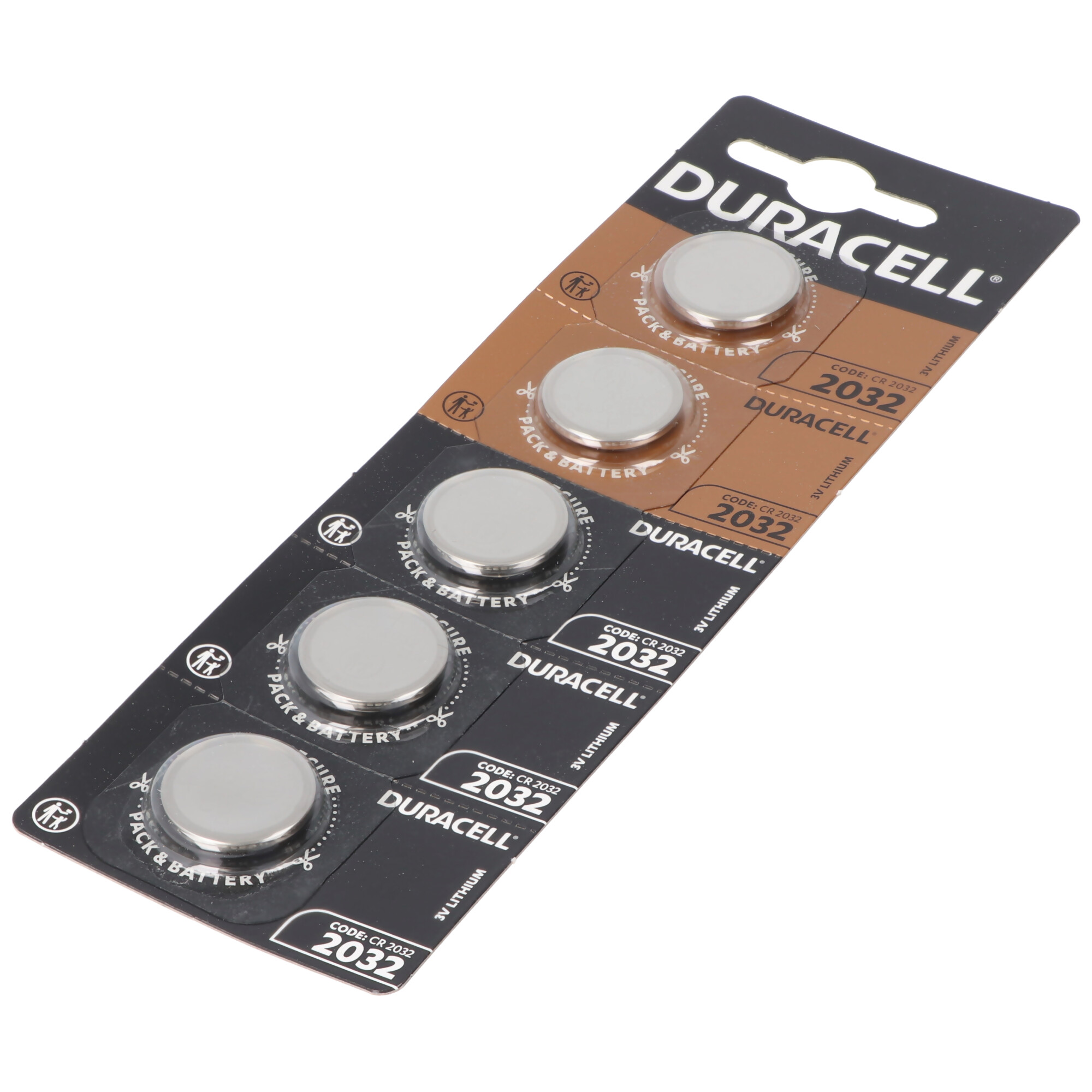 Fünf Duracell CR2032 Lithium-Knopfzellen in der ungeöffneten, schwarz-bronzenen Blisterverpackung auf weißem Hintergrund.