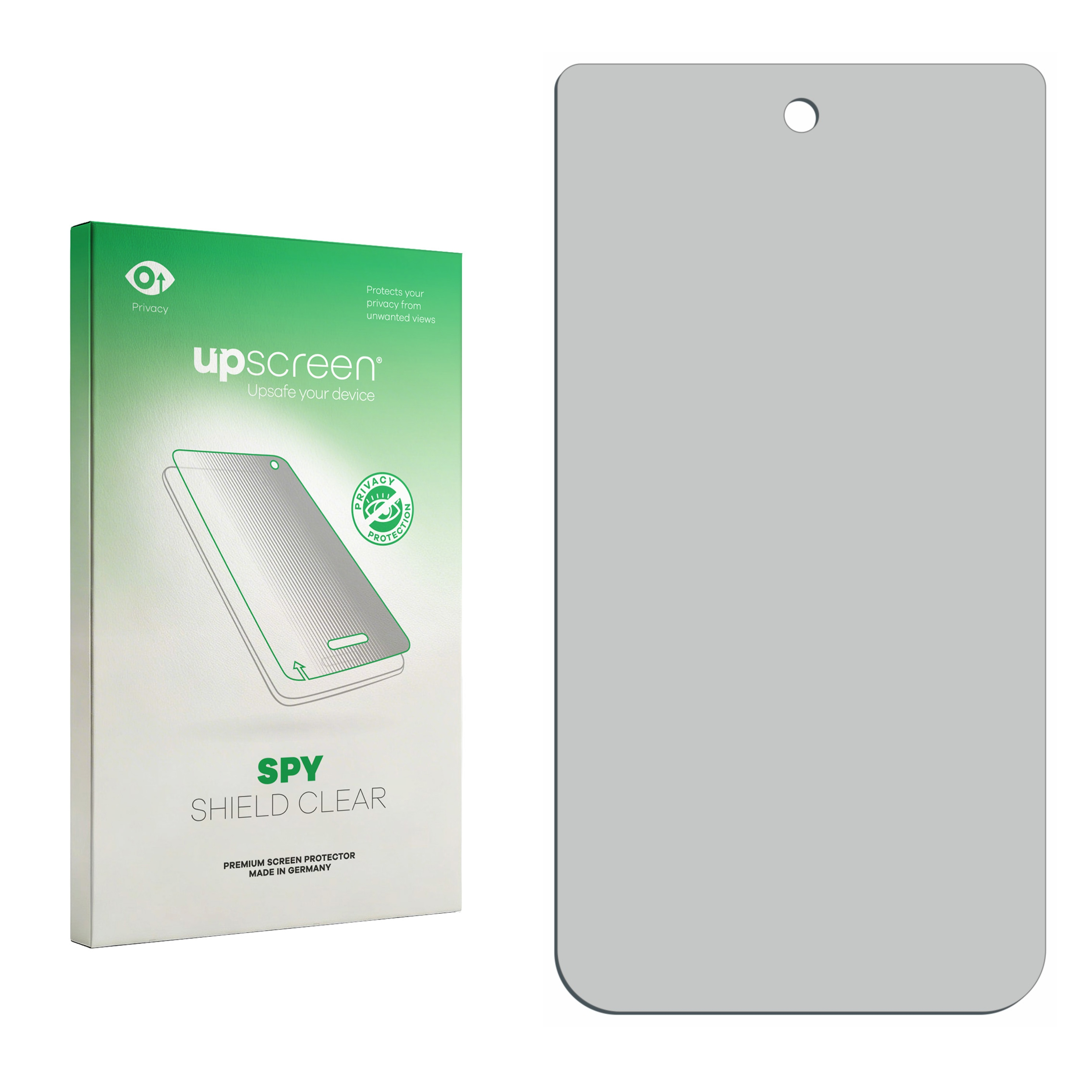 UpScreen Spy Shield Clear Verpackung und rechteckiger Displayschutz mit einem Loch oben.