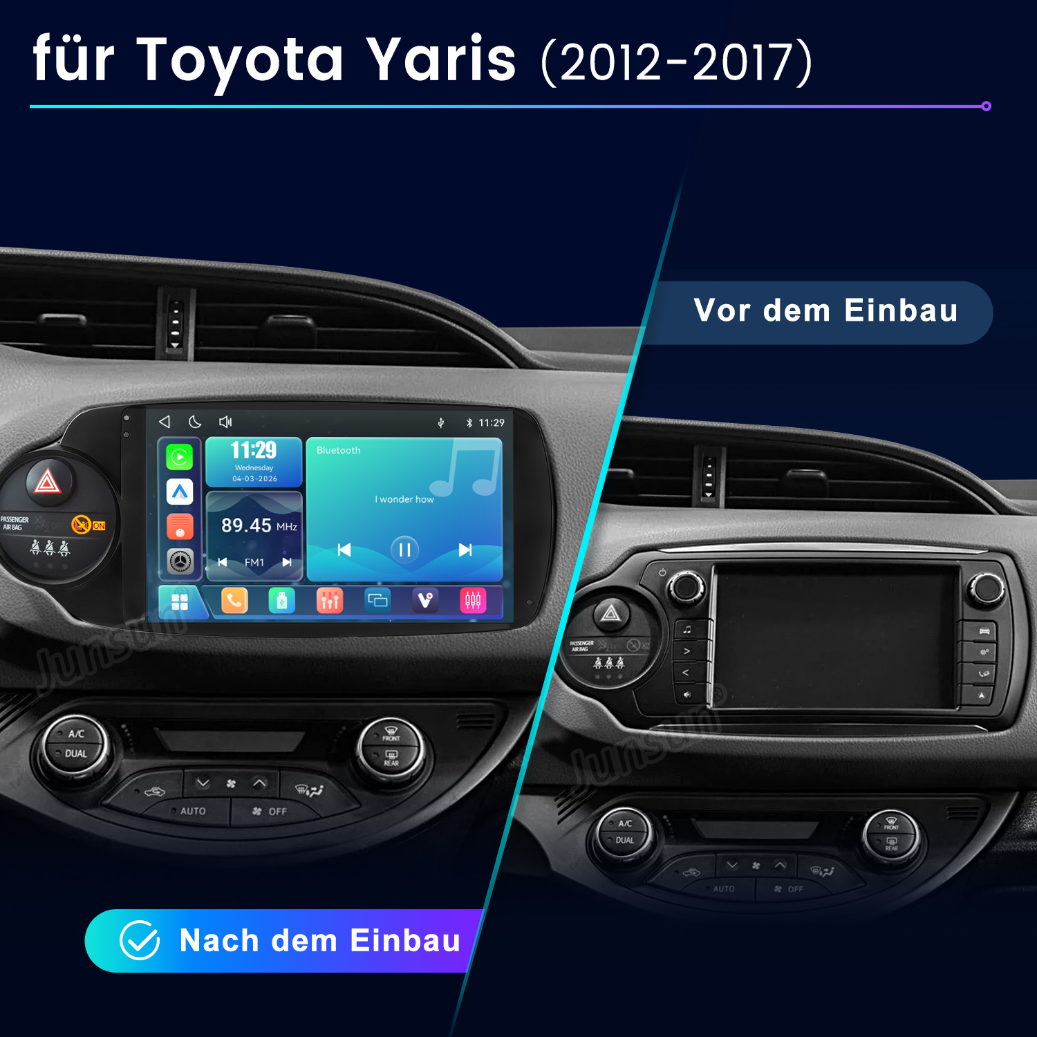 Vergleich des Toyota Yaris Armaturenbretts vor und nach dem Einbau eines modernen Touchscreen-Systems.