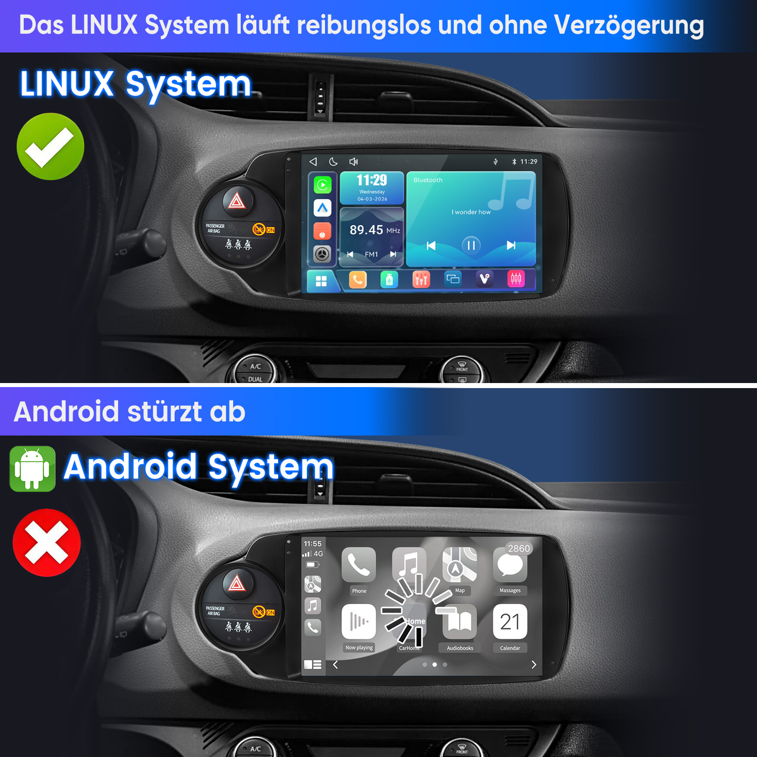 Vergleich zweier Auto-Displays: Linux läuft reibungslos, während Android abstürzt.