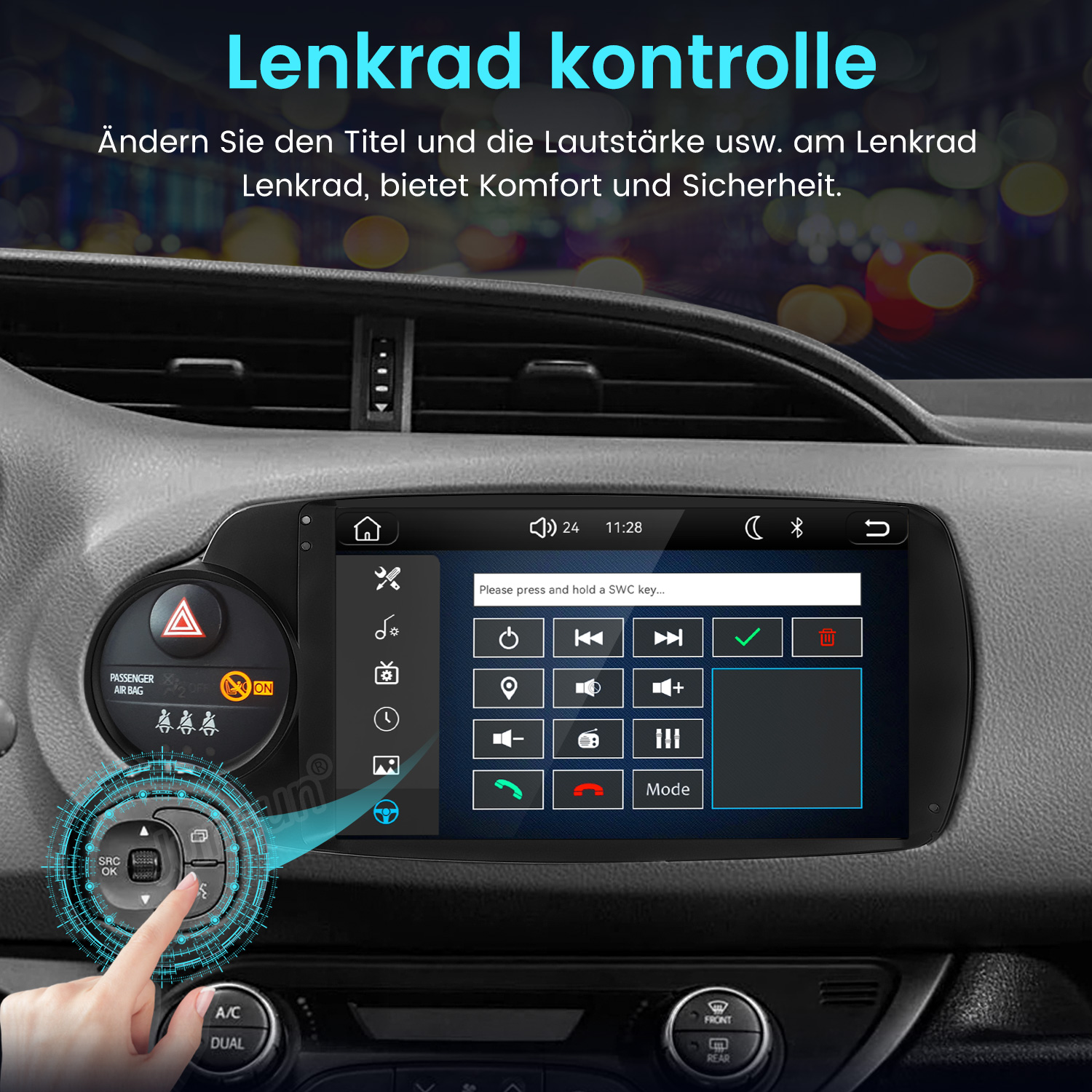 Autoinnenraum mit Touchscreen und Lenkradsteuerung sowie digitalen Menüsymbolen.