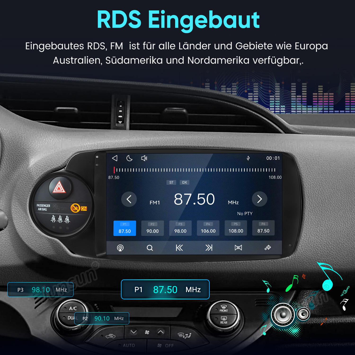 Autobarmaturenbrett mit einem digitalen Medienempfänger, der einen FM-Radiosender anzeigt.