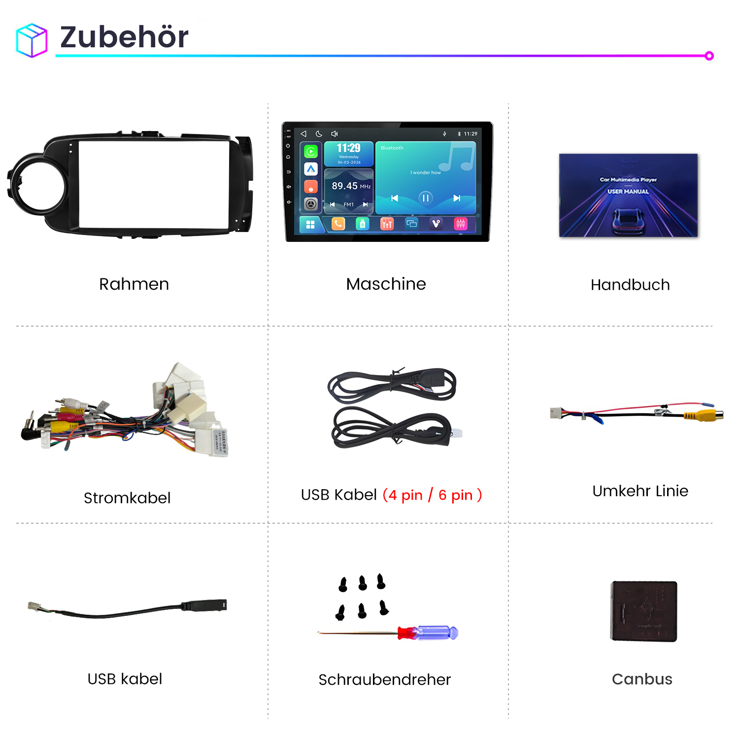Übersicht des Zubehörs für ein Auto-Multimediasystem mit Rahmen, Display, Kabeln, Werkzeugen und Handbuch.