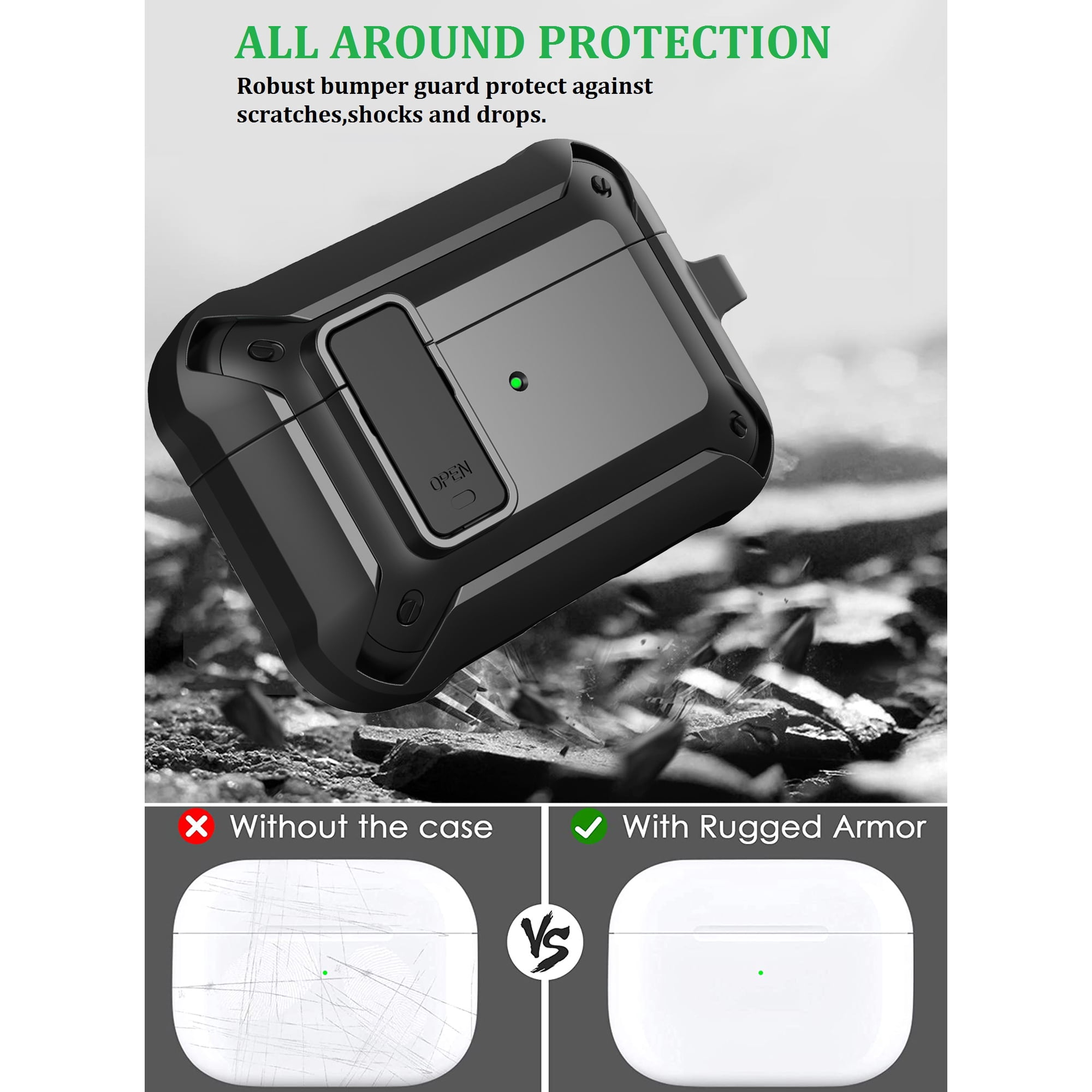 Schwarze Schutzhülle für AirPods gegen Kratzer und Stürze im Vergleich zu ungeschützten Kopfhörern.