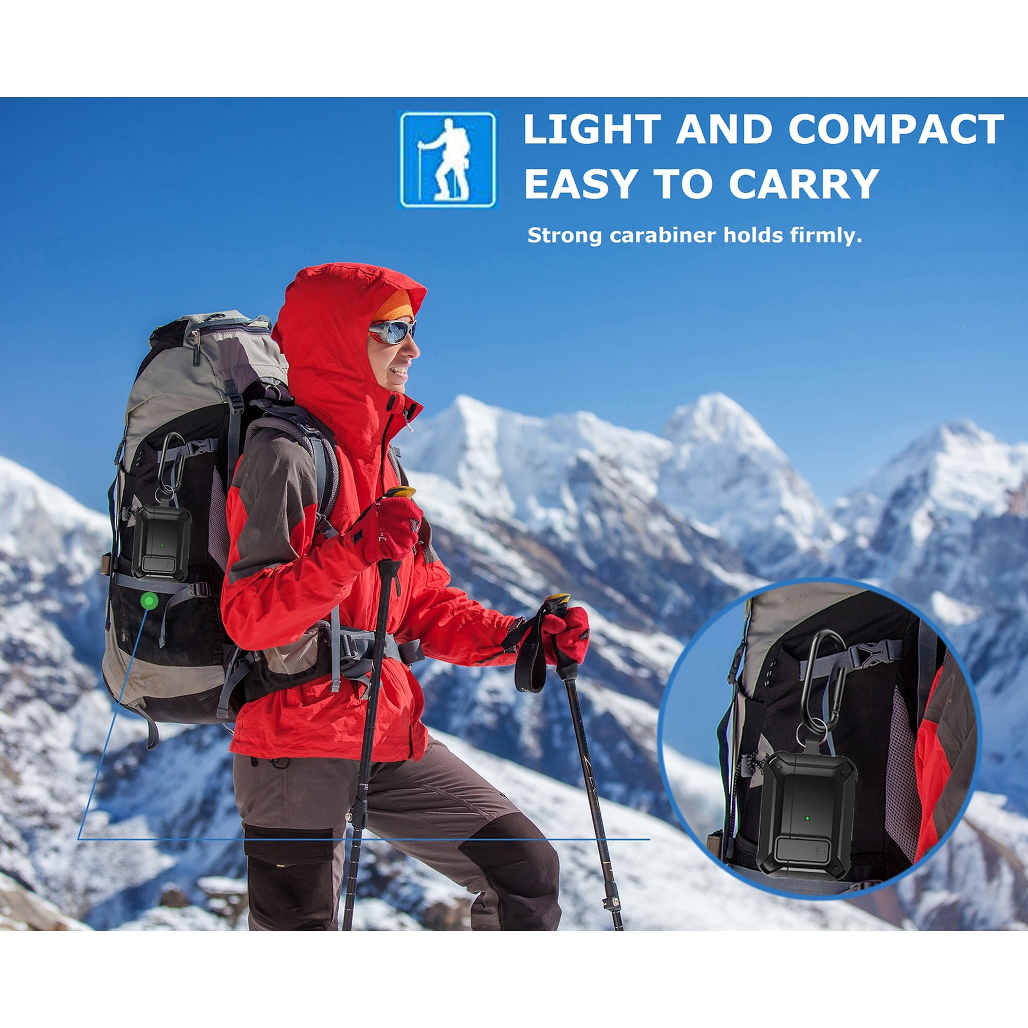 Wanderin mit roter Jacke und Rucksack in snowy Bergen, mit Detailansicht eines Karabiners.
