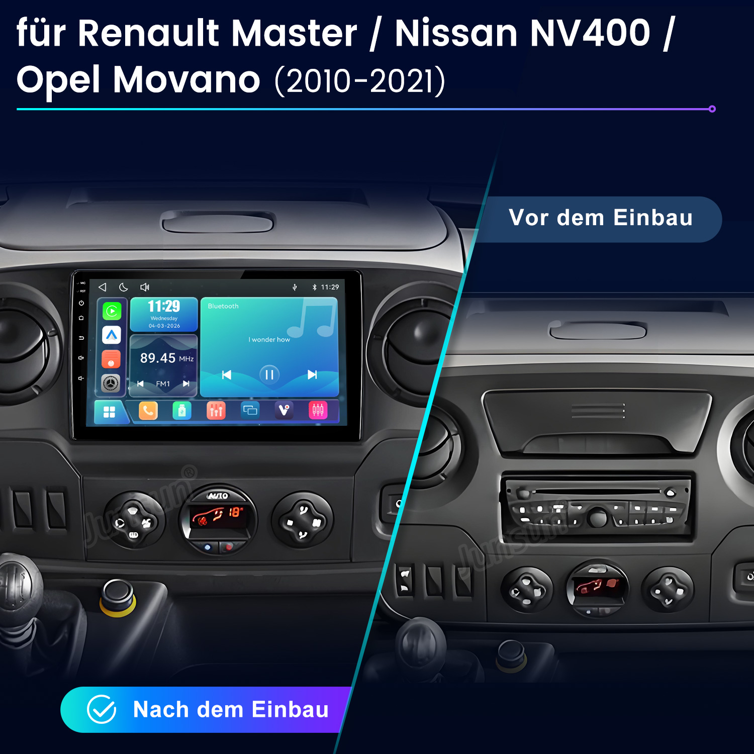 Vergleich eines Armaturenbretts vor und nach dem Einbau eines Multimedia-Touchscreens.