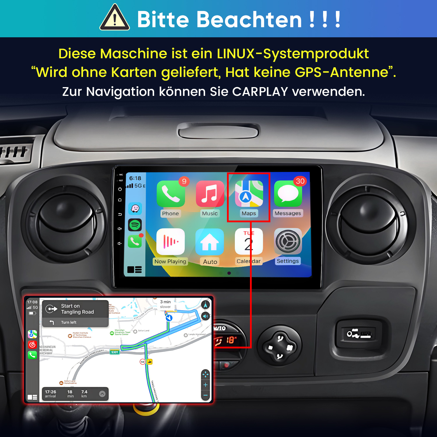 Linux-Autoradio im Armaturenbrett zeigt CarPlay-Benutzeroberfläche und eine integrierte Karten-Navigation.