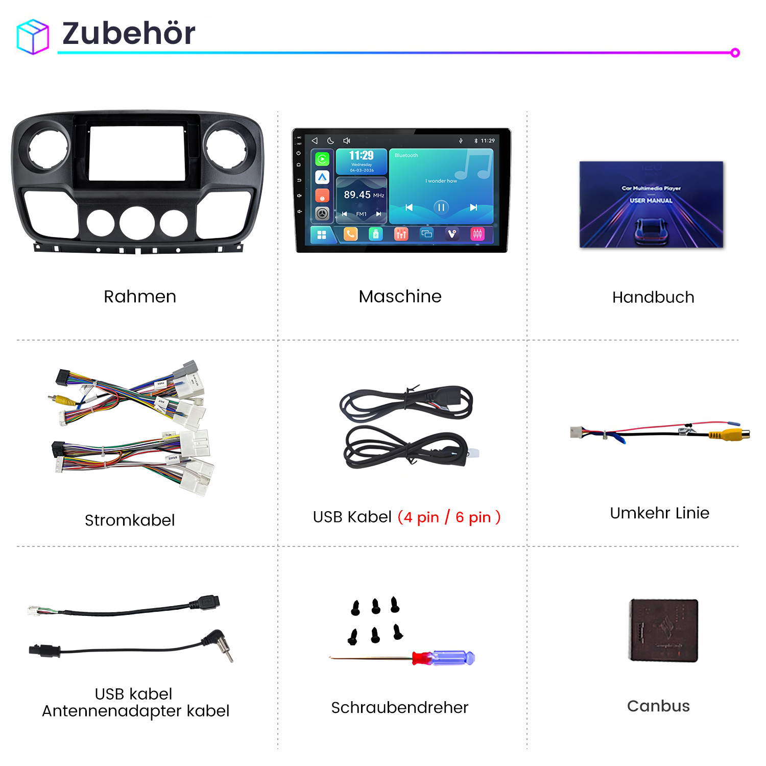 Übersicht von Autoradio-Zubehörteilen wie Rahmen, Display, Handbuch, Kabel, Schraubendreher und Canbus.