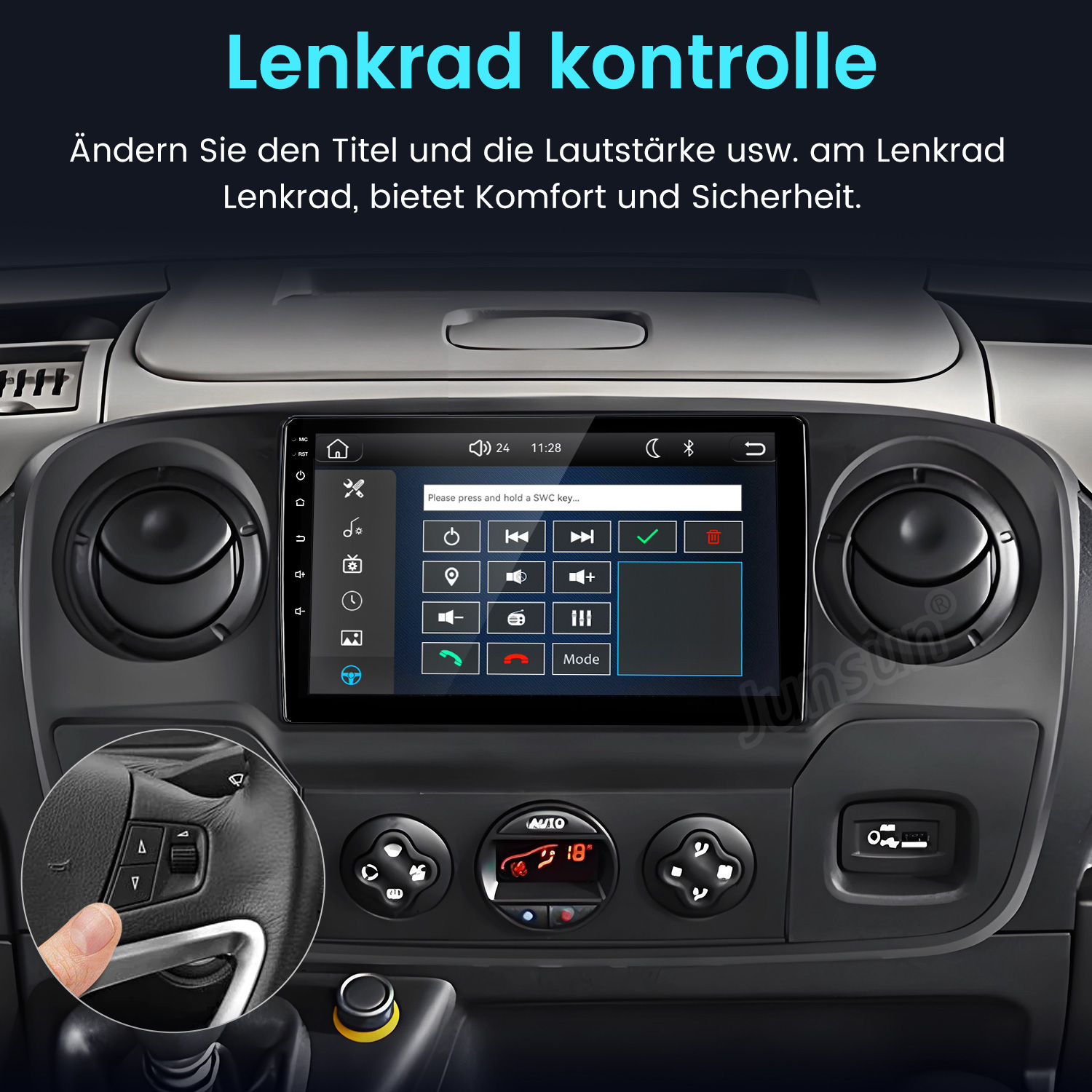 Autobildschirm zeigt Lenkradsteuerungseinstellungen, mit einem Insert, das physische Lenkradtasten zeigt.