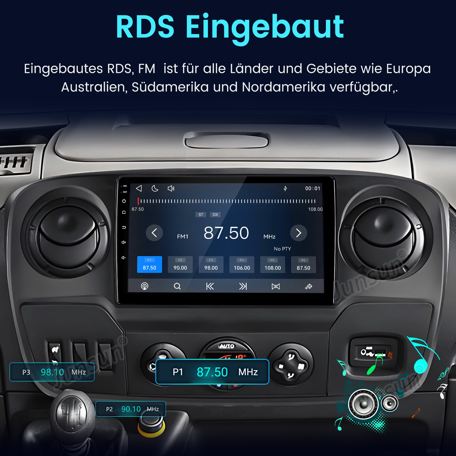 Autobrett mit Digitalradio-Receiver, FM-Radio-Schnittstelle mit 87,50 MHz und Bedienelementen.