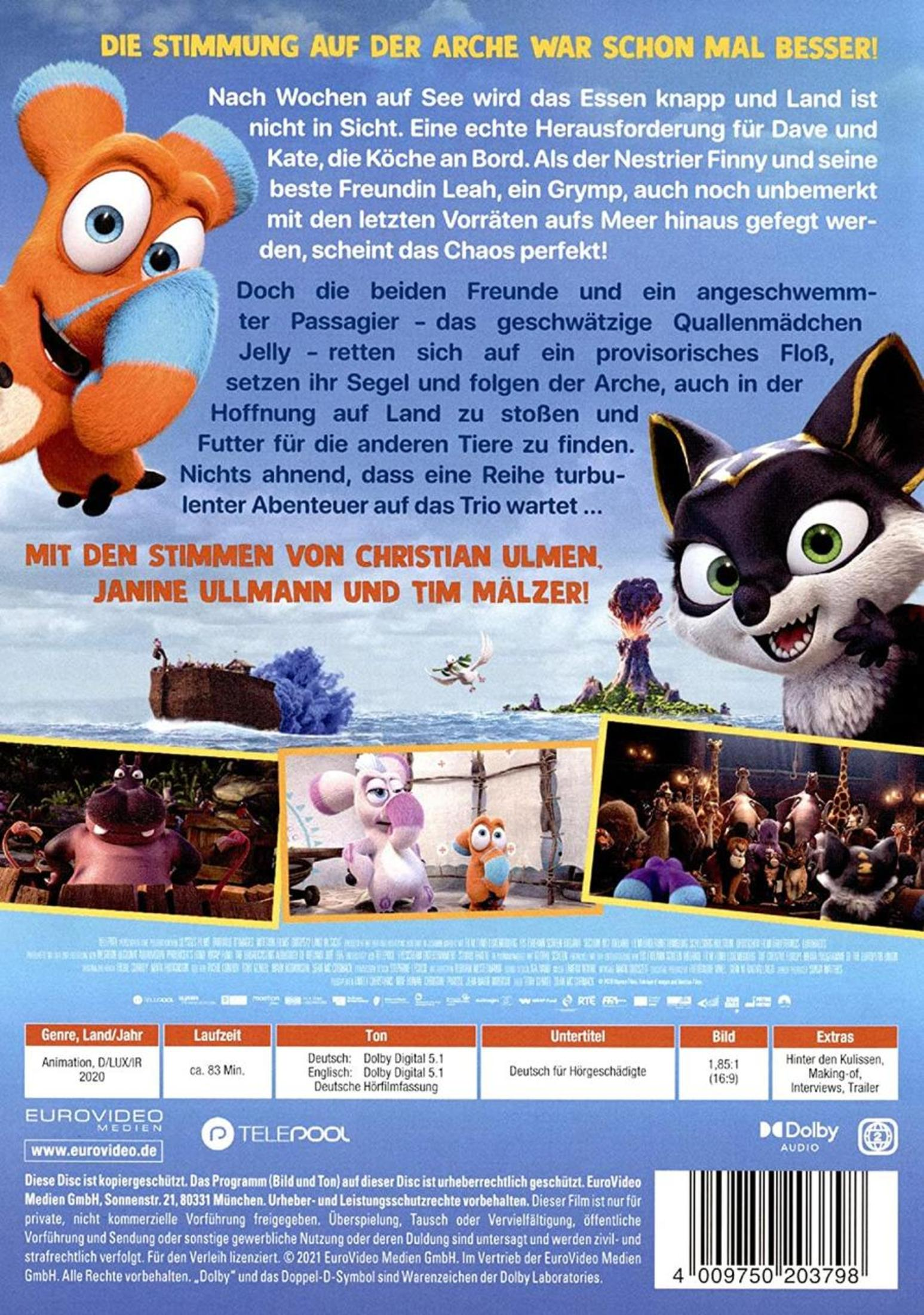 DVD-Hülle mit Animationsfiguren, Meerhintergrund, Text und Filminfos auf Deutsch.