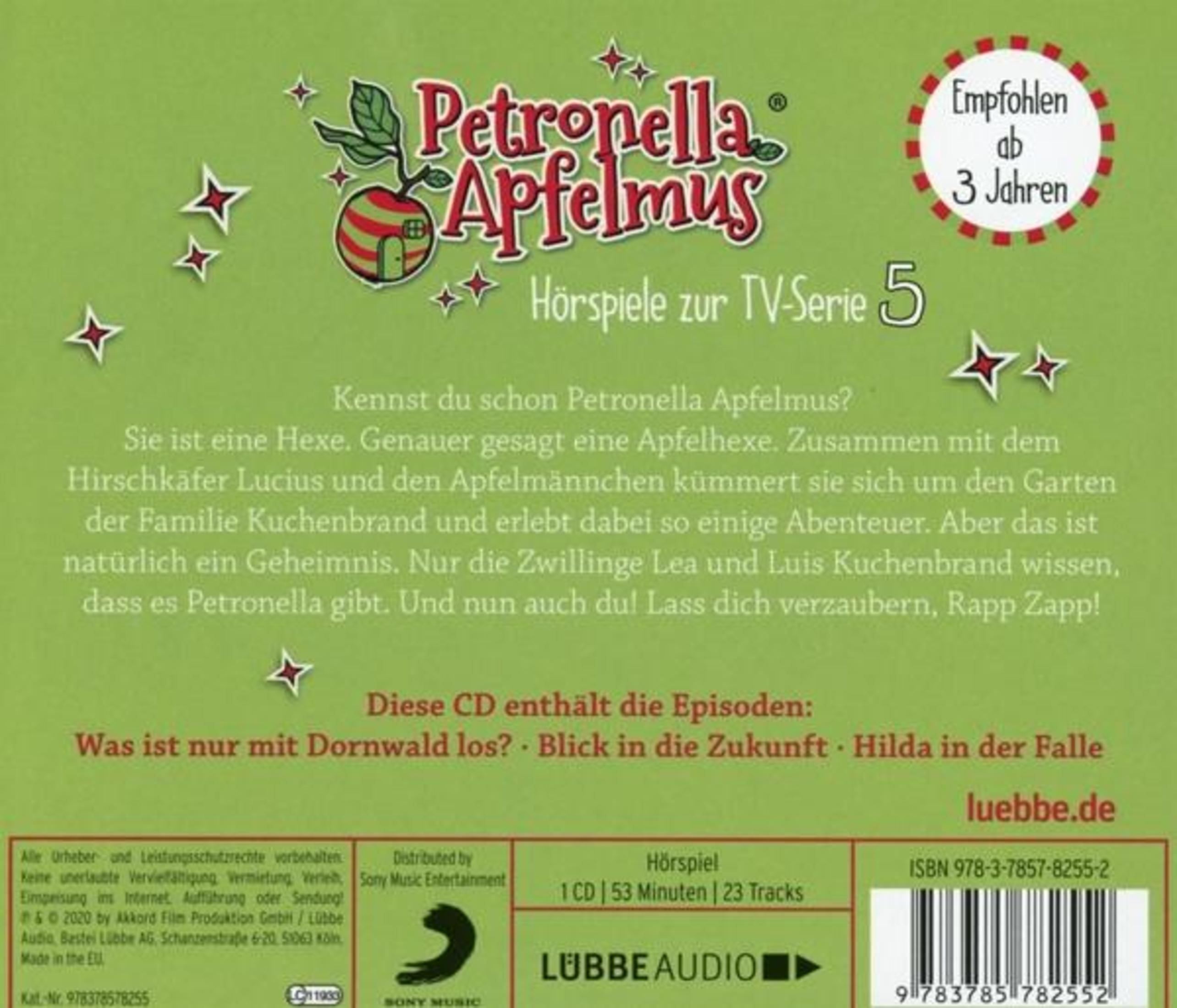 Rückseite der CD 'Petronella Apfelmus', grüne Gestaltung mit Text, Logo und Barcode unten.