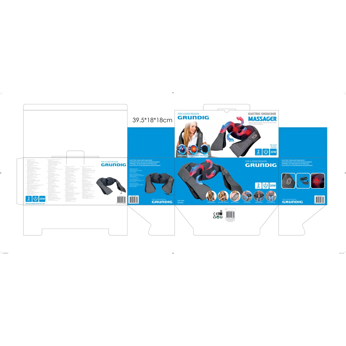 Verpackungsdesign für ein elektrisches Schultermassagegerät von Grundig mit Produktfotos und technischen Details.