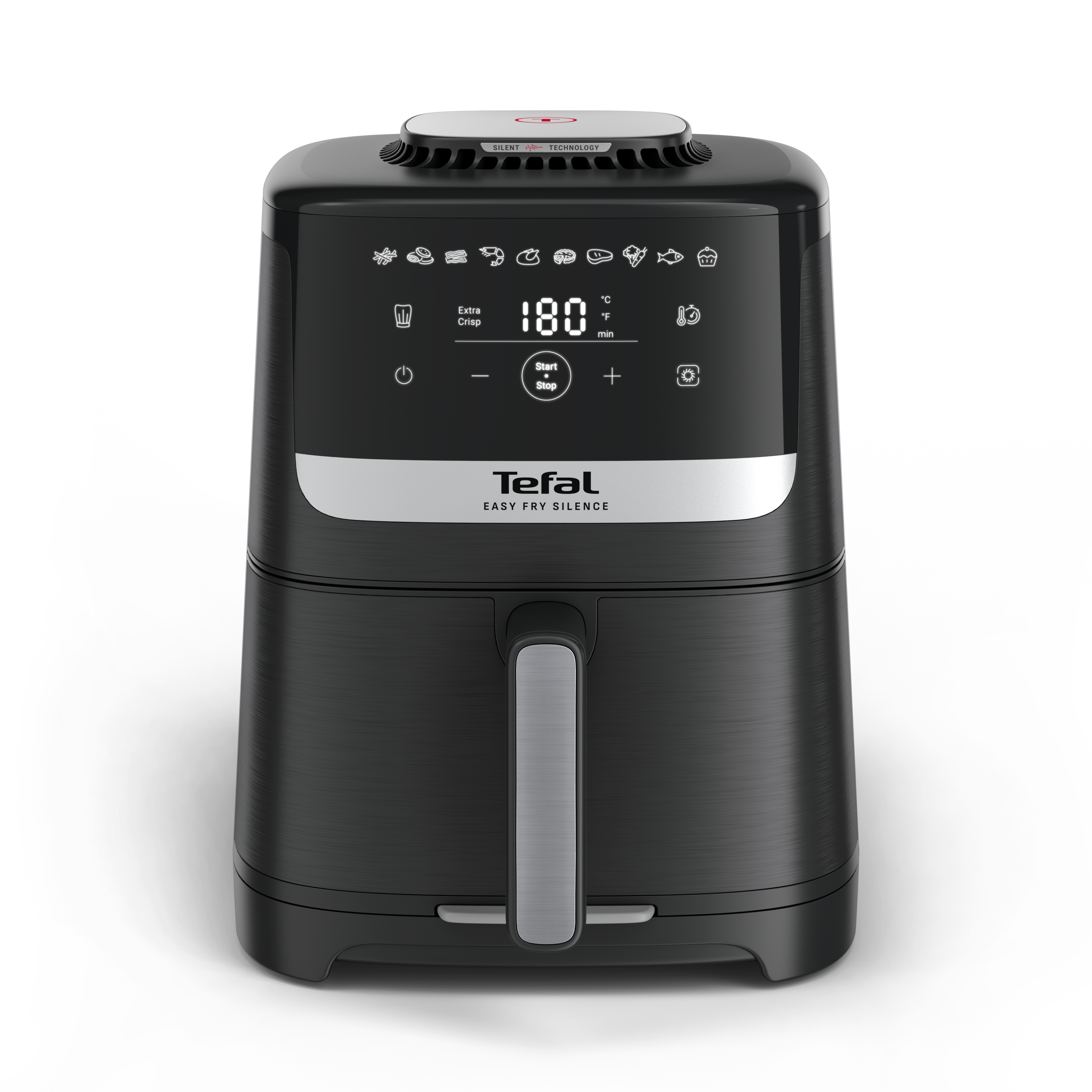 Schwarze Tefal Heißluftfritteuse mit digitalem Display und Griff.