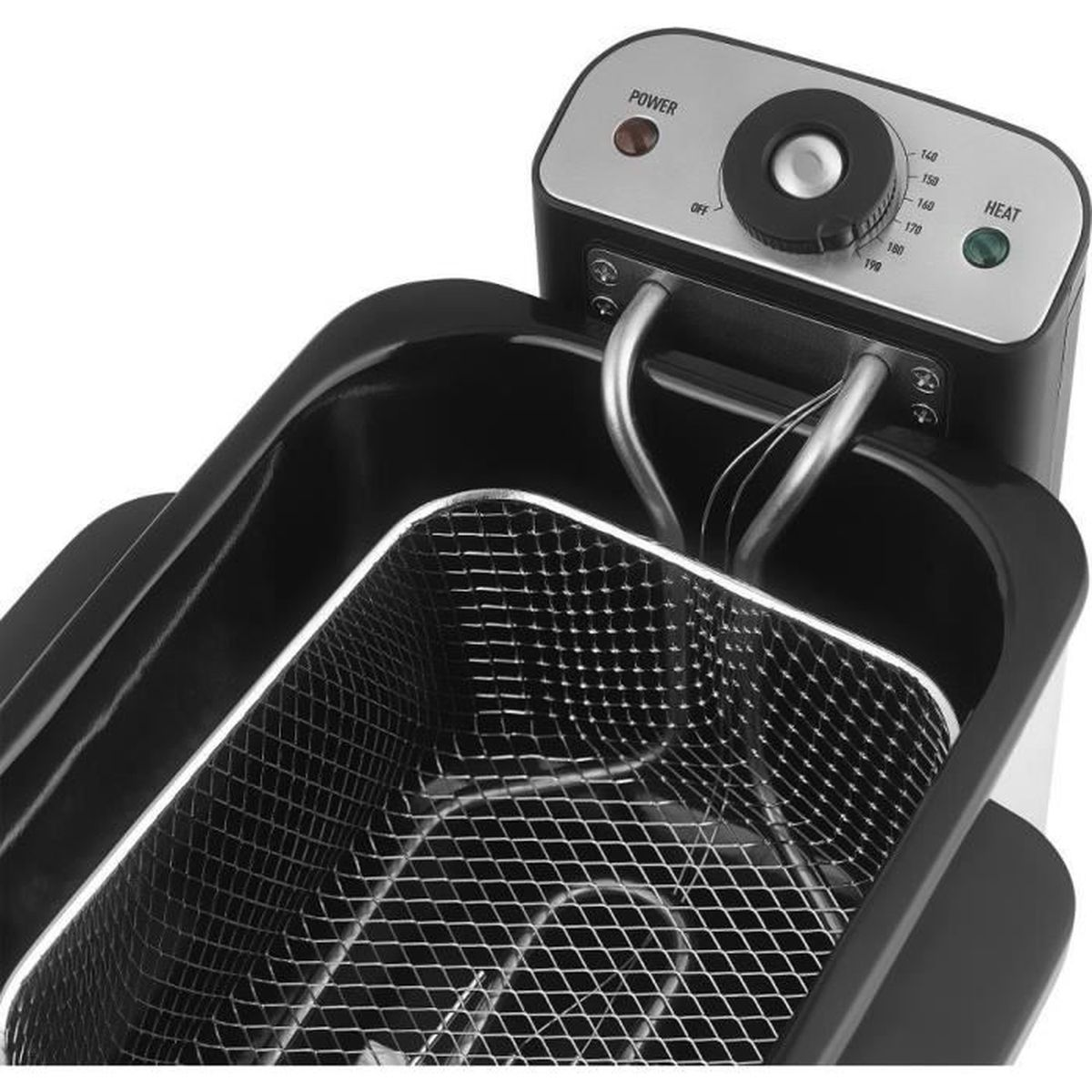 Friggitrice nera con cestello in acciaio inossidabile e manopola della temperatura superiore.