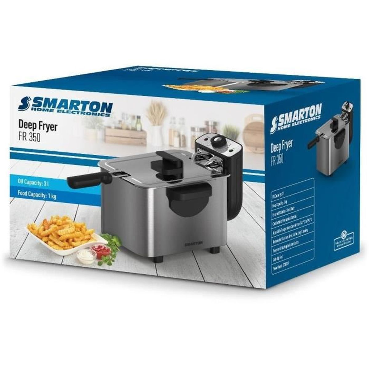 Friggitrice Smarton FR 350 in confezione, con patatine fritte e salsa su un tavolo.