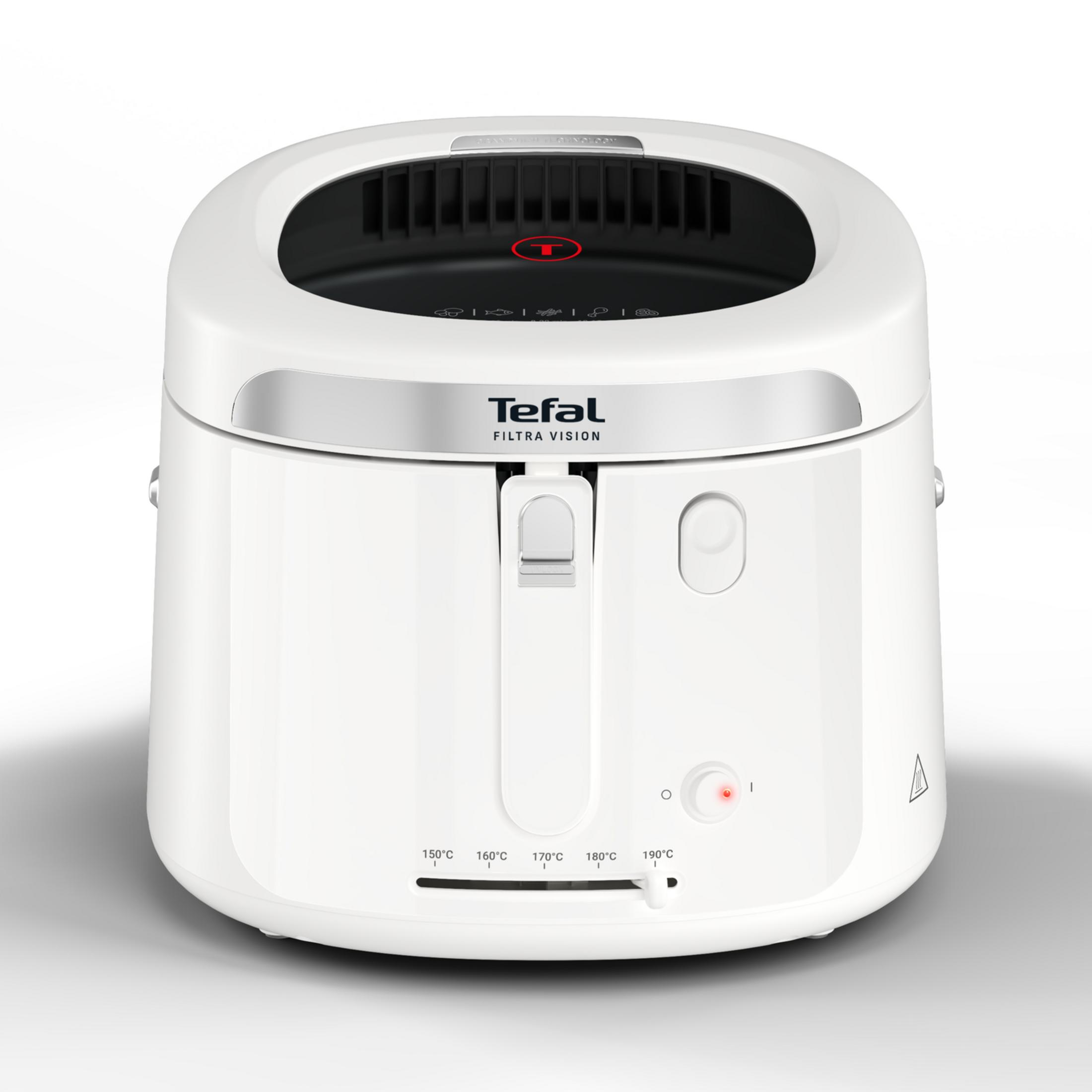 Una friggitrice bianca Tefal Filtra Vision con bordo nero, marchio argento e cursore della temperatura.