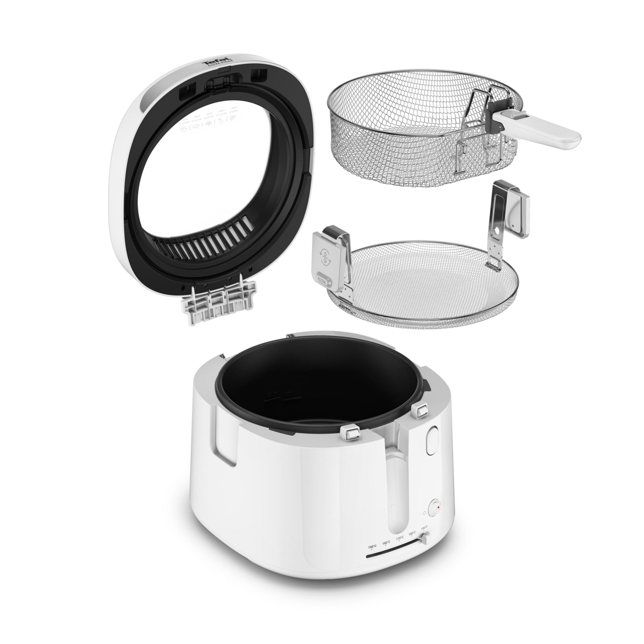 Una frgitrice Tefal bianca smontata nei suoi singoli pezzi è mostrata su sfondo bianco.