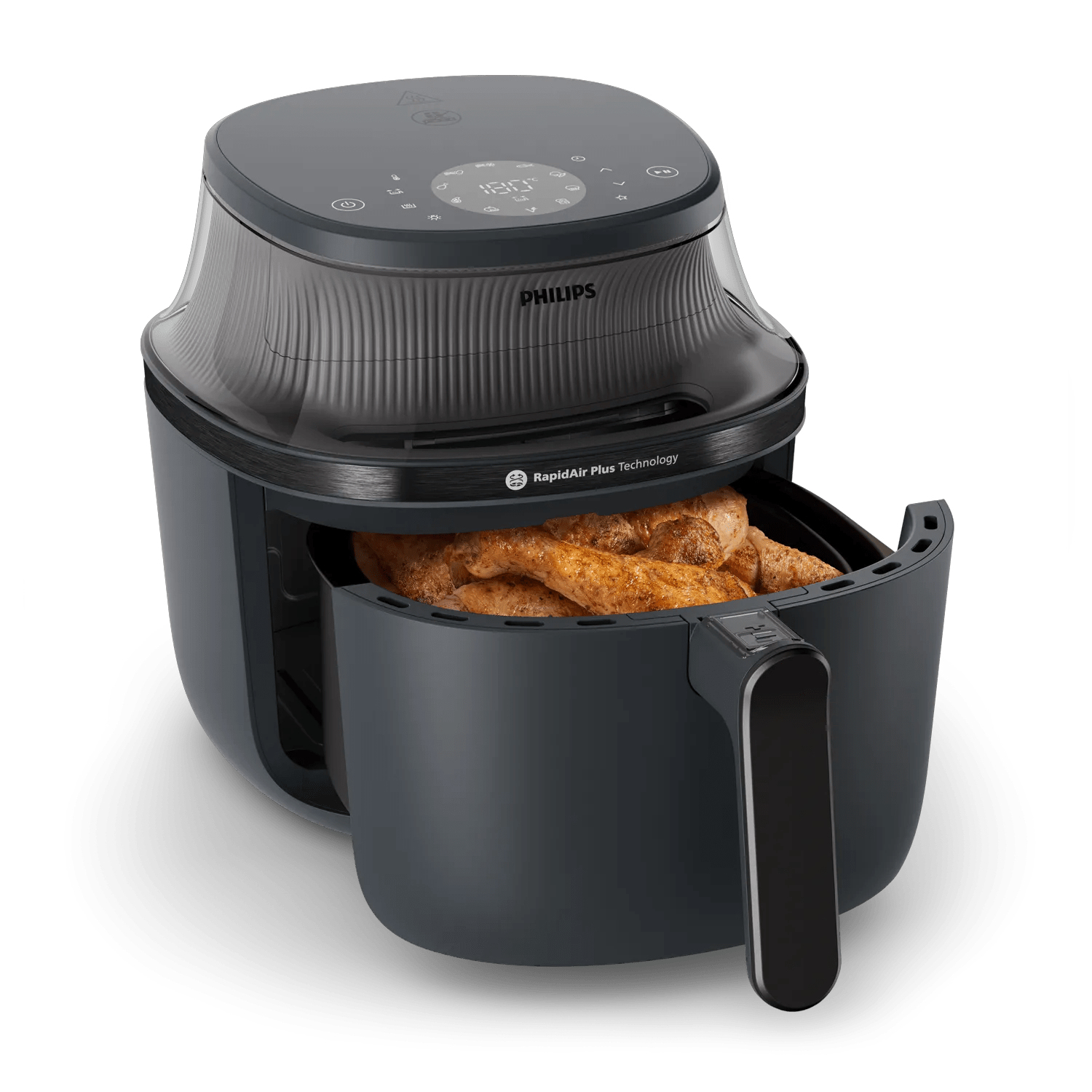 Una friggitrice ad aria Philips nera con cassetto aperto che mostra cosce di pollo cotte.