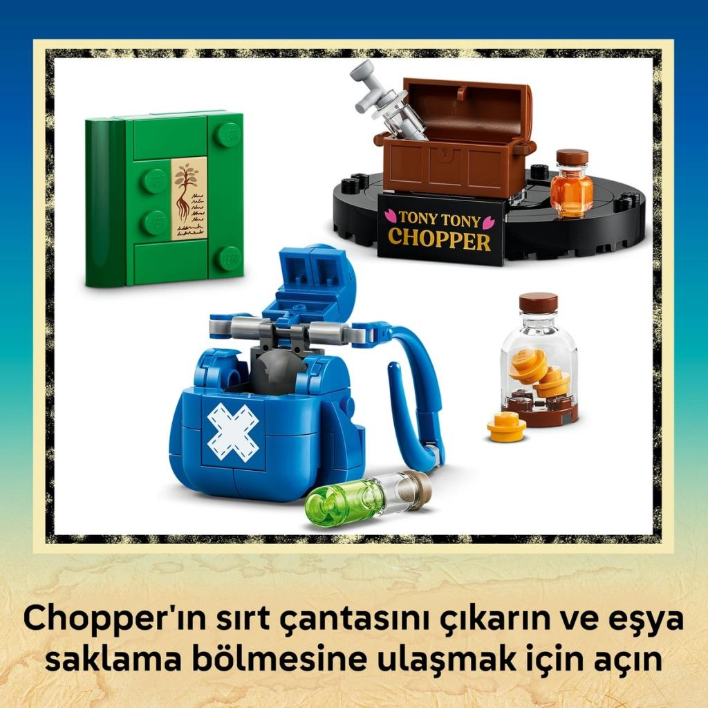 Accesorios de Lego Tony Tony Chopper que incluyen una mochila azul, un cofre del tesoro abierto y frascos de pociones.