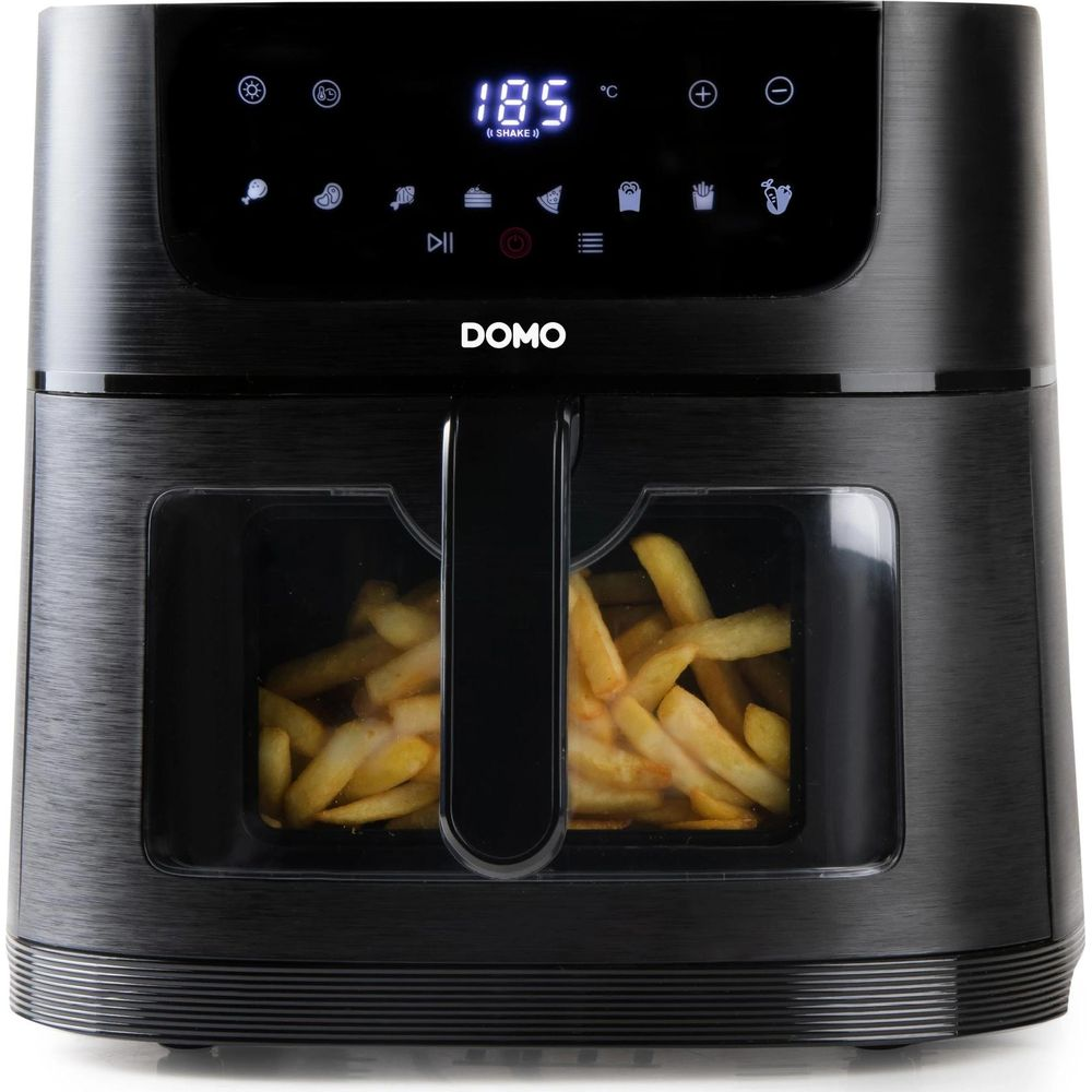 Friteuse sans huile noire DOMO avec affichage numérique à 185 degrés et fenêtre montrant des frites.
