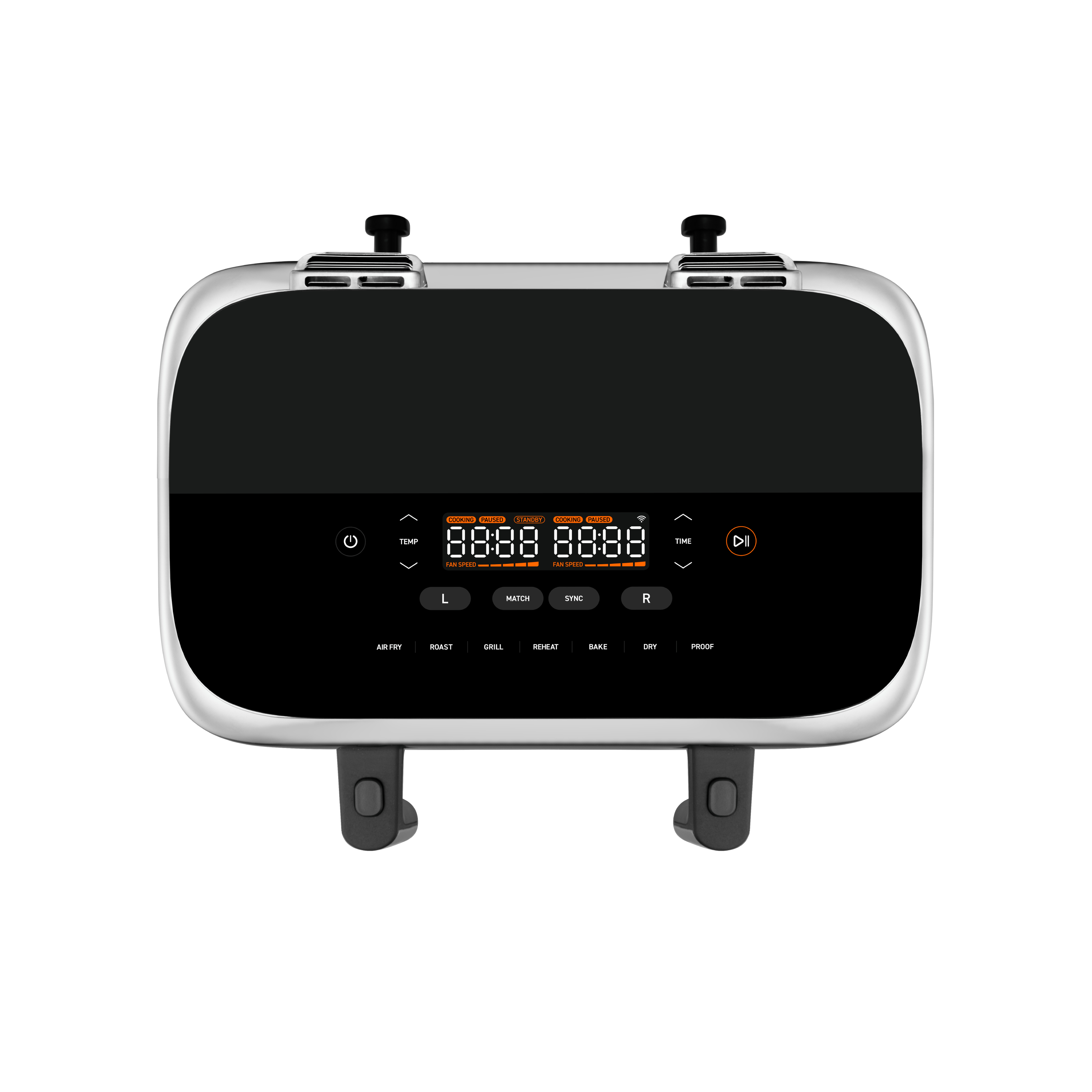 Vista superior de una freidora de aire de doble zona con panel digital y pantallas de temporizador.