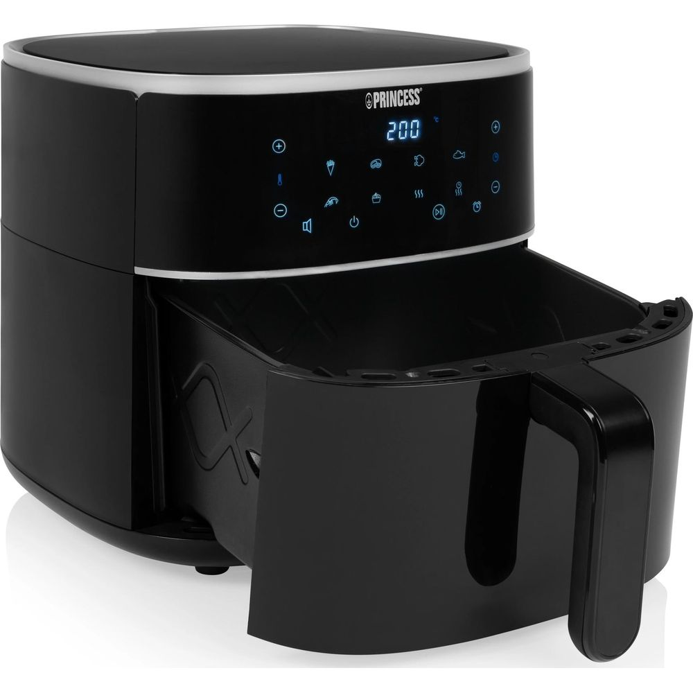 Friggitrice ad aria Princess nera con cestello aperto e pannello di controllo touch su sfondo bianco.