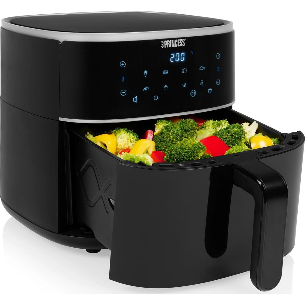 Una friggitrice ad aria Princess nera con display digitale e un cassetto aperto pieno di broccoli, peperoni e cavolfiore.