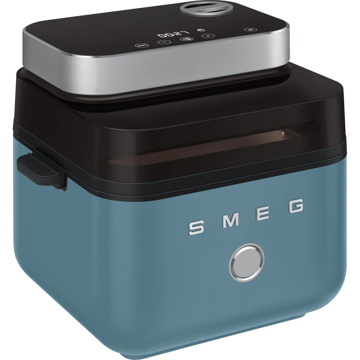 Blaue Smeg Heißluftfritteuse mit schwarzem Deckel und digitalem Display oben.
