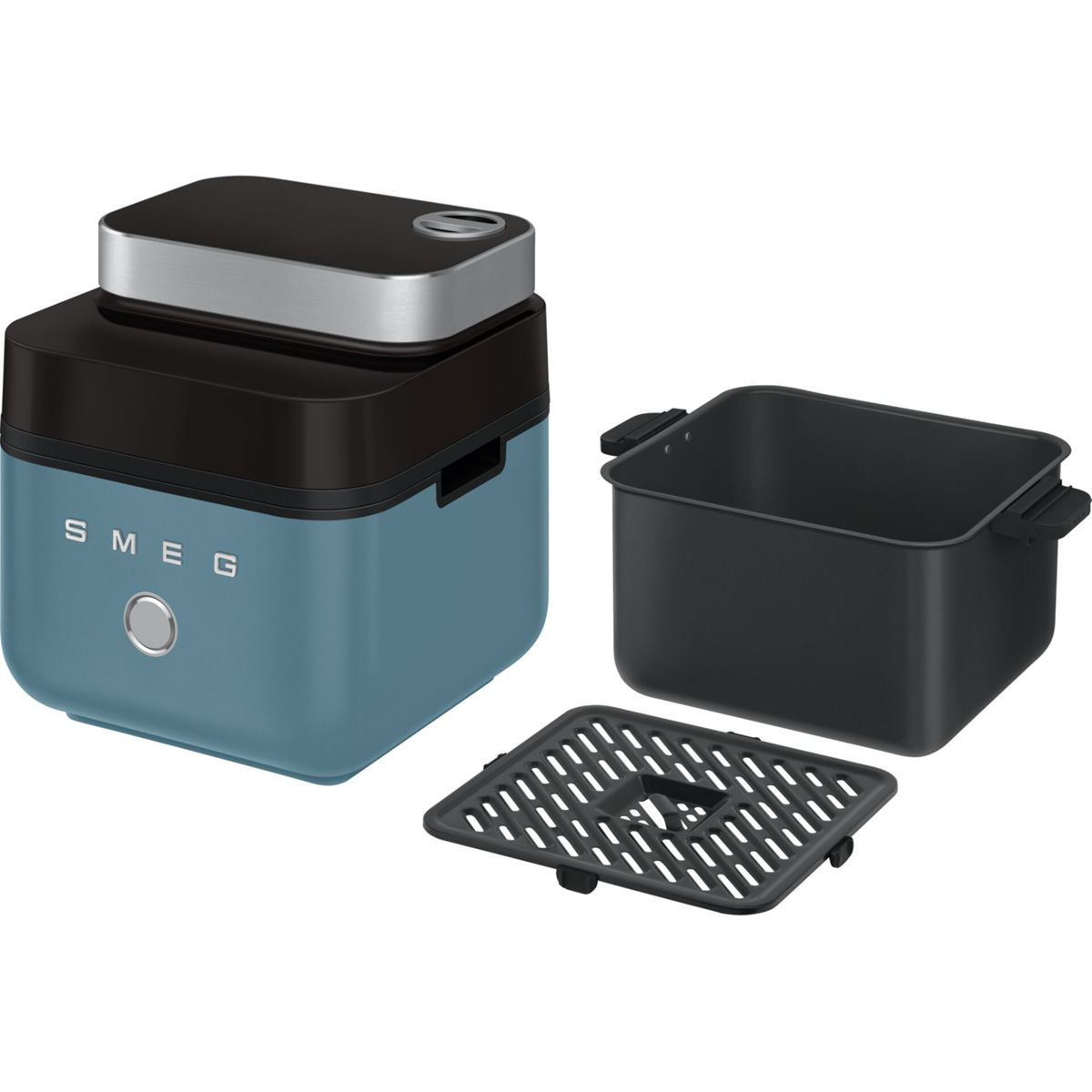 Blaue SMEG Heißluftfritteuse mit schwarzem Korb und Rost auf weißem Grund.