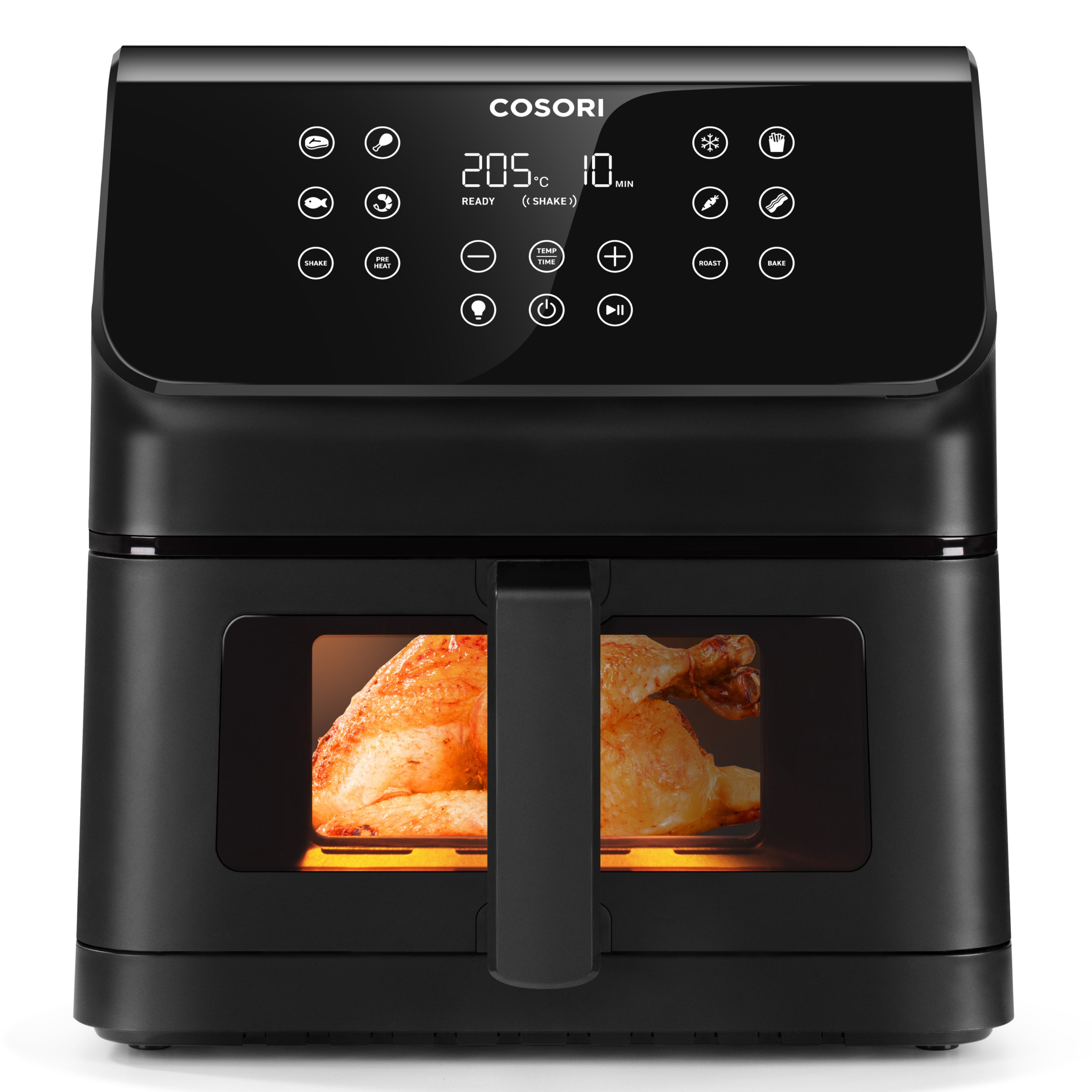 Friggitrice ad aria Cosori nera con display digitale e finestrella che mostra un pollo arrosto all'interno.