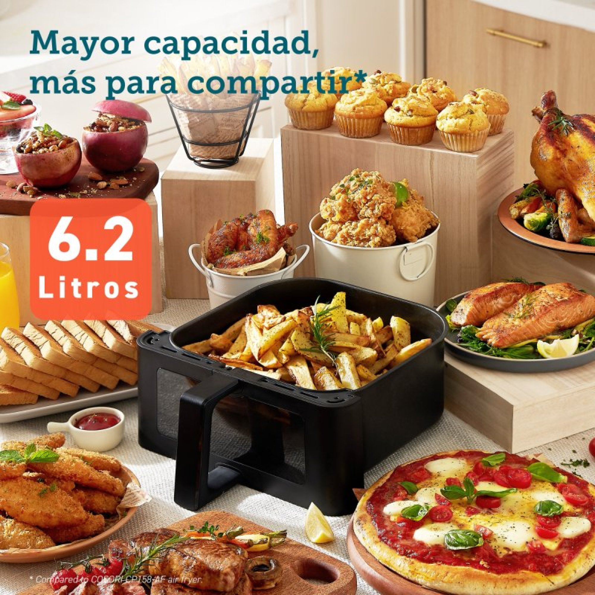 Una friggitrice ad aria circondata da cibo abbondante come pizza, pollo, patatine e muffin.