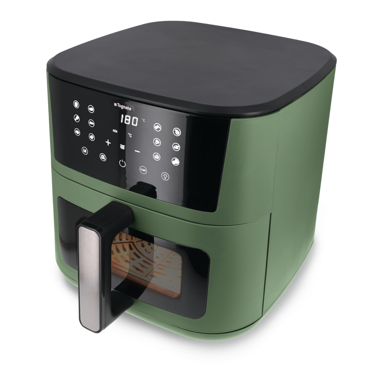 Una moderna friggitrice ad aria verde con pannello di controllo digitale nero.