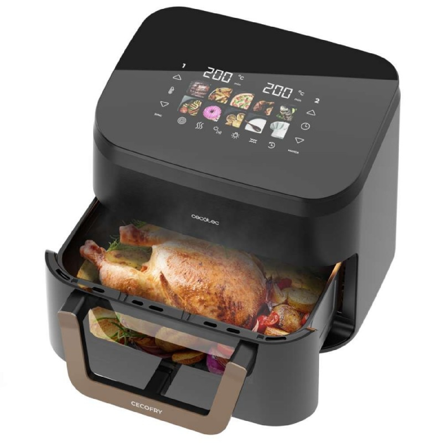 Schwarze Heißluftfritteuse mit digitalem Display und offenem Fach, gefüllt mit einem gebratenen Hähnchen und Gemüse.