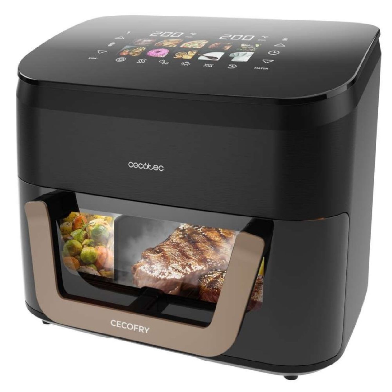 Schwarze Cecofry-Heißluftfritteuse mit digitalem Touch-Display oben und zwei Sichtfenstern unten mit Fleisch und Gemüse.