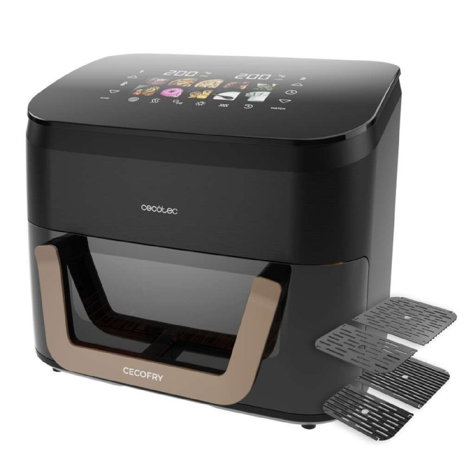 Eine schwarze Cecotec-Heißluftfritteuse mit digitalem Touchpanel, Sichtfenster, roségoldenem Griff und Ablagen.