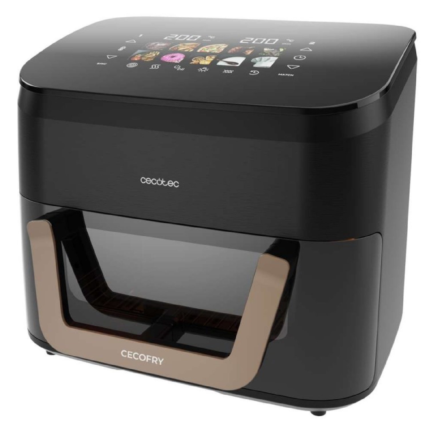 Schwarze Cecotec Heißluftfritteuse mit digitalem Touch-Display und bronzefarbenem Griff auf weißem Hintergrund.