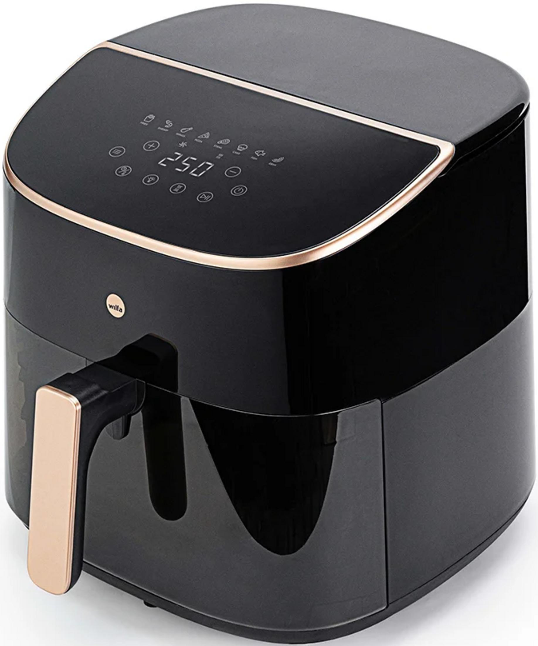 Eine schwarze und roségoldene Heißluftfritteuse mit digitalem Touch-Display und Frontgriff auf weißer Oberfläche.