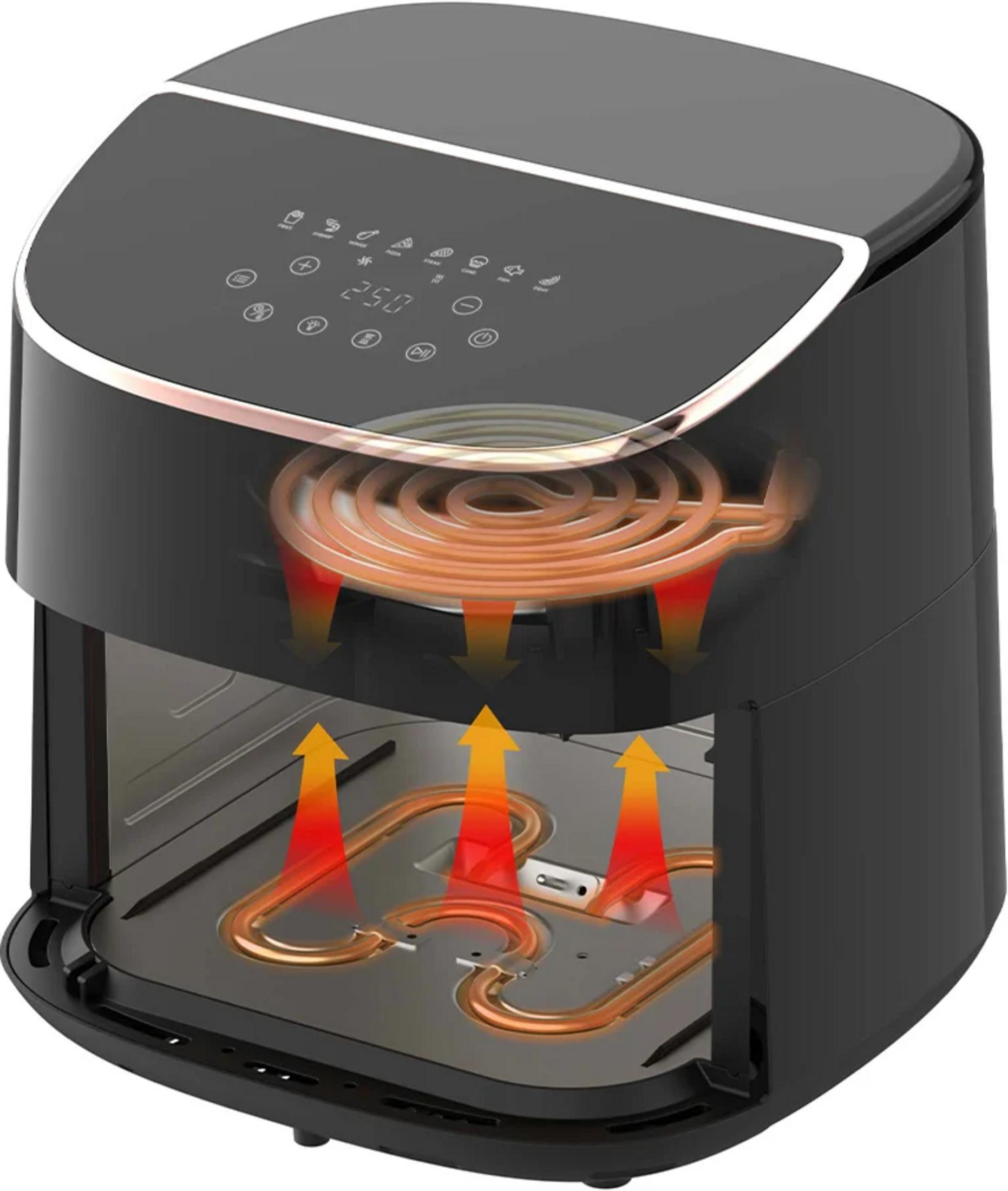Eine schwarze Heißluftfritteuse mit digitalen Bedienelementen oben und doppelten Heizelementen mit orangen Hitzepfeilen.