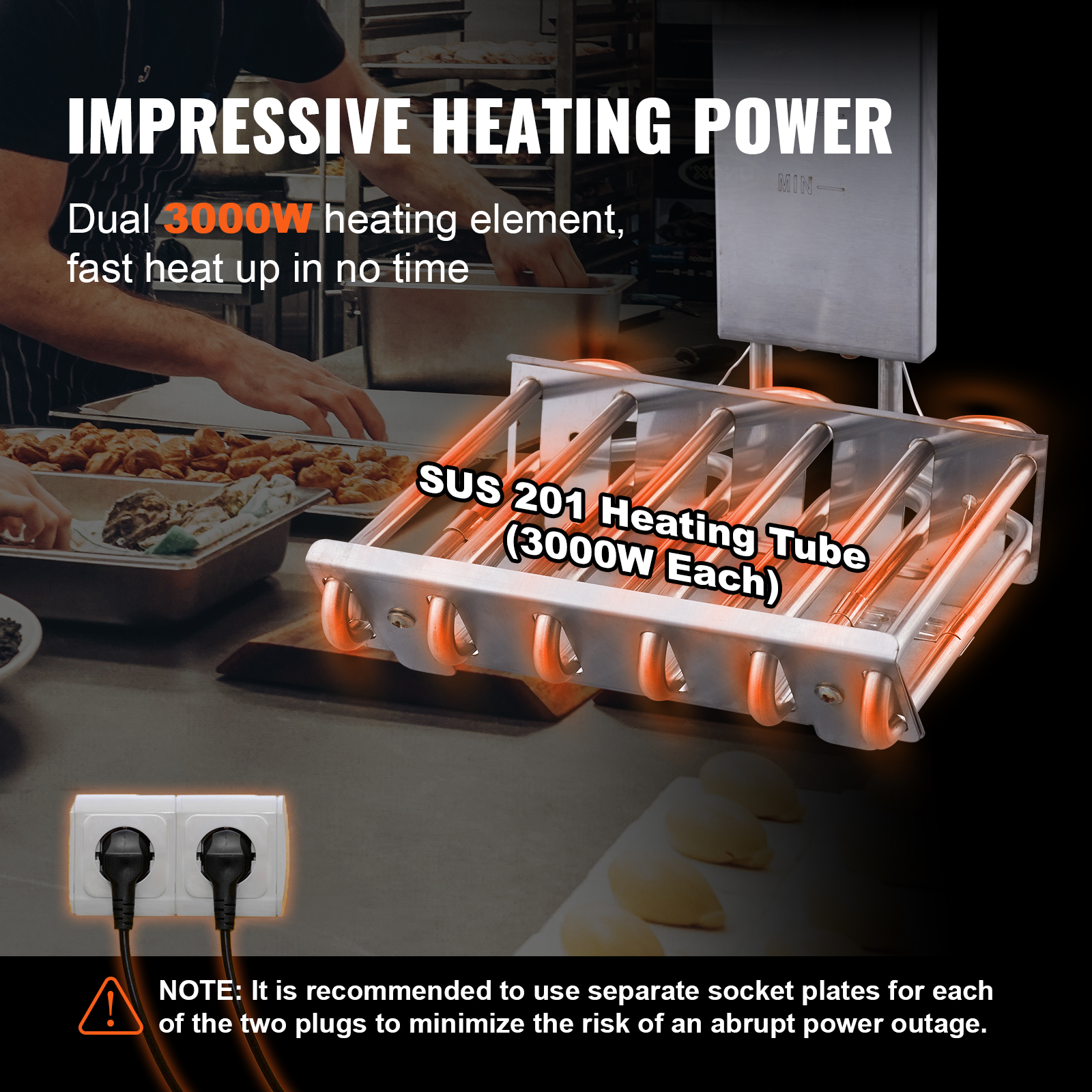 Unità di riscaldamento industriale con tubi da 3000W in una cucina.