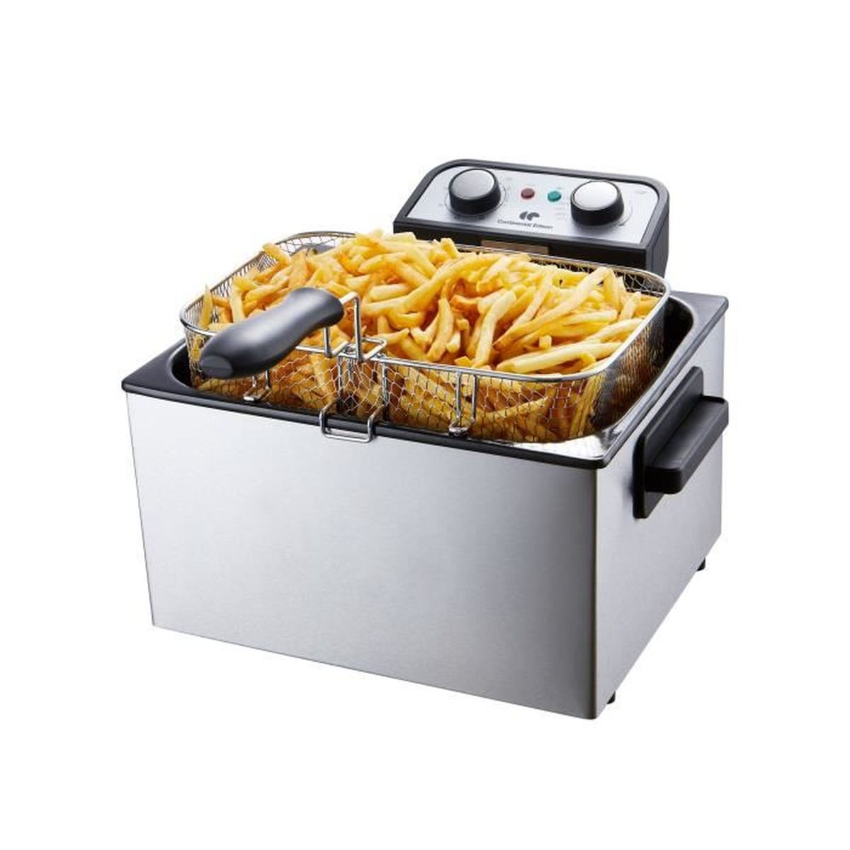 Una frgitrice in acciaio inossidabile con un cestello pieno di patatine fritte dorate, su sfondo bianco.