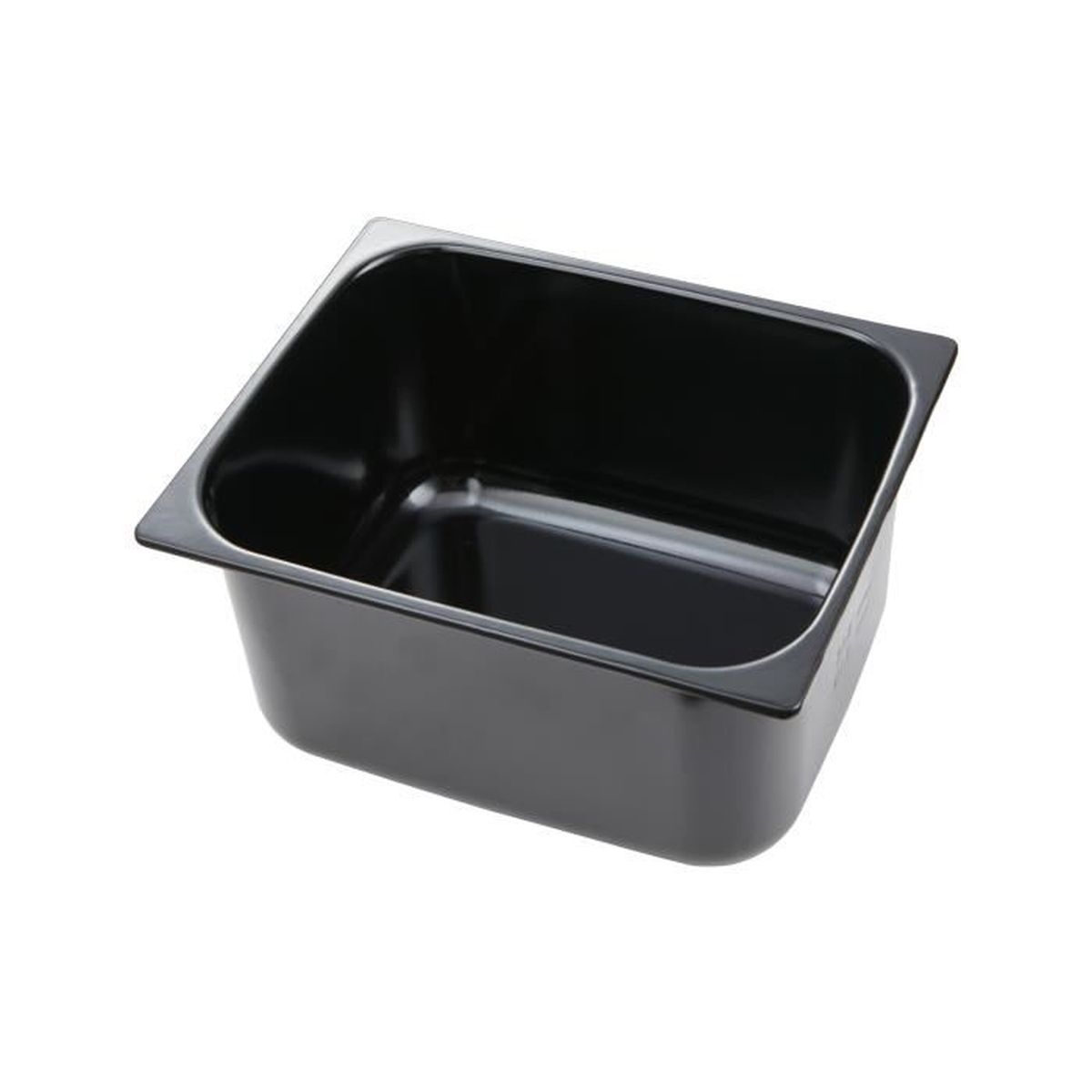 Un contenitore di plastica nero lucido con bordo isolato su sfondo bianco.
