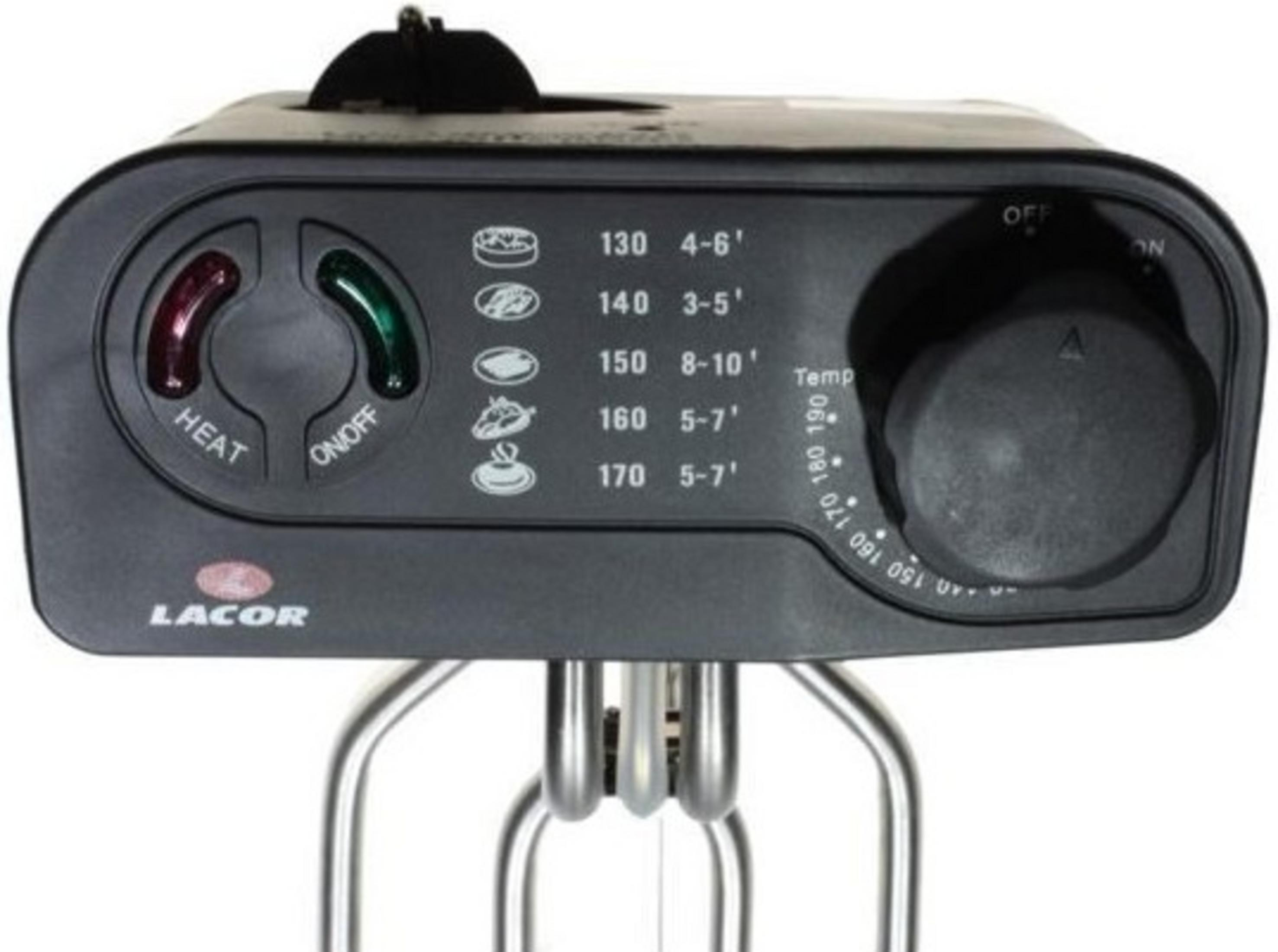 Pannello di controllo di un cuoci sous-vide Lacor con selettore di temperatura e spie.