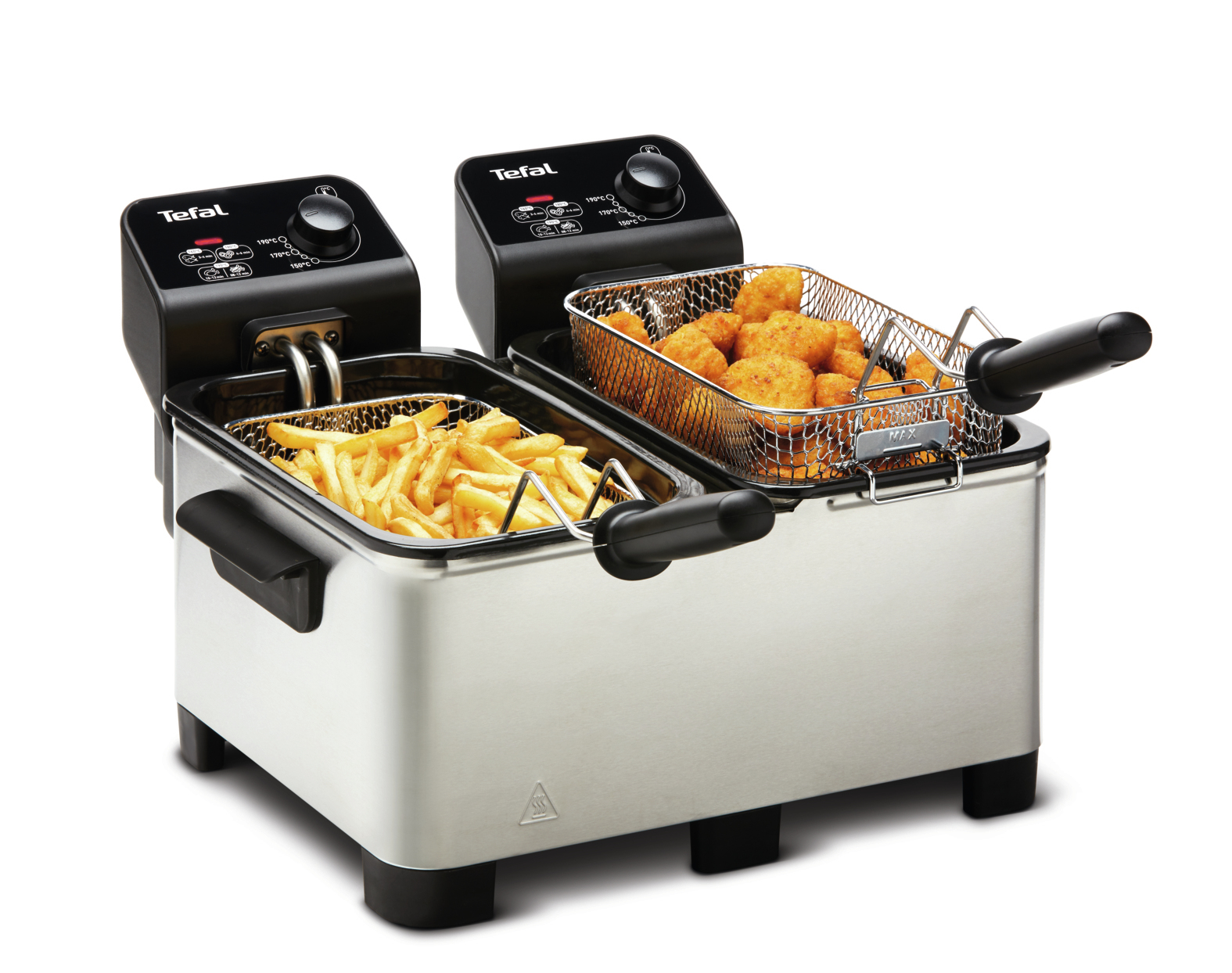 Una friggitrice doppia in acciaio inox Tefal con patatine fritte e nuggets nei cestelli.