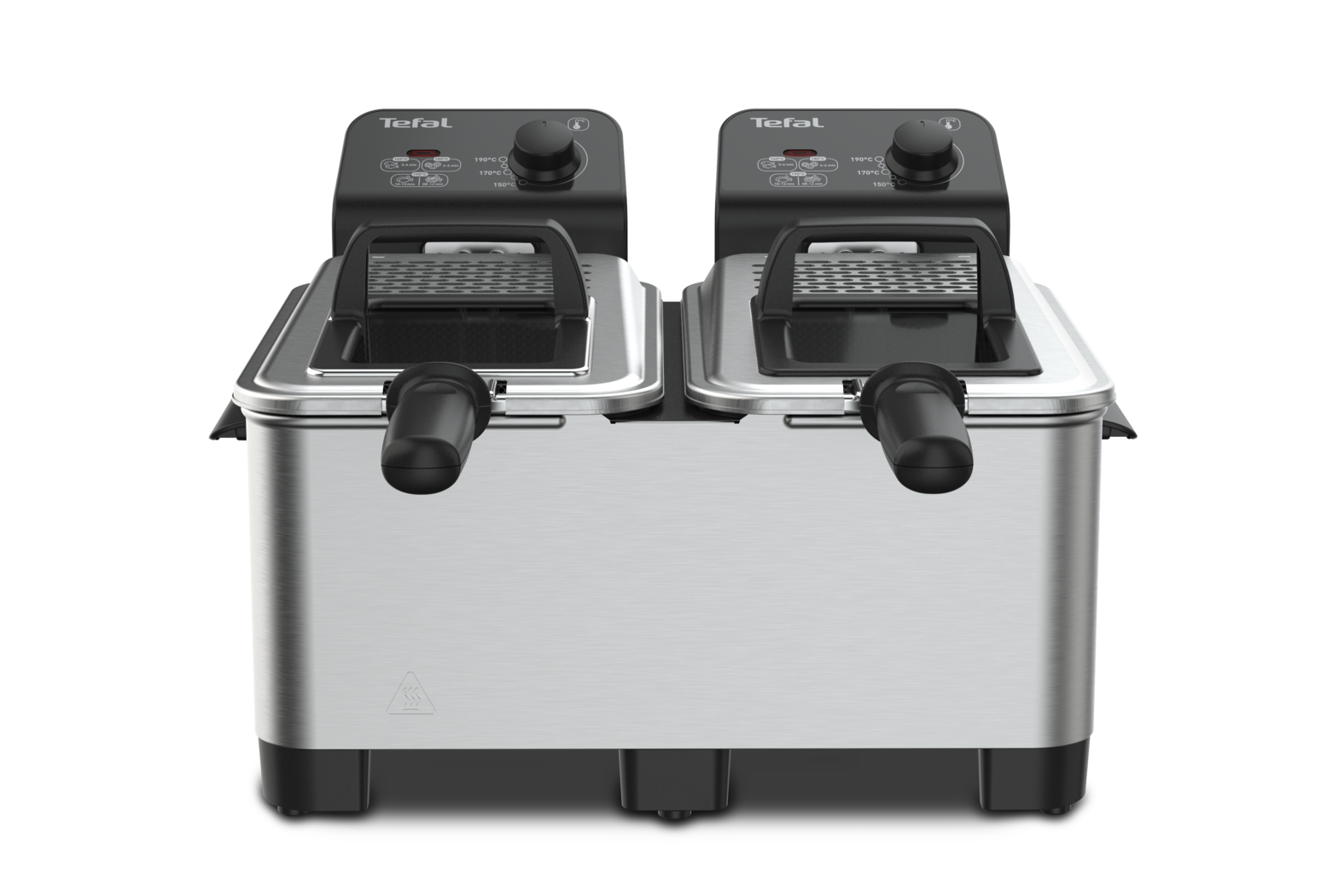 Una doppia frgitrice in acciaio inossidabile Tefal con pannelli di controllo e maniglie neri su fondo bianco.