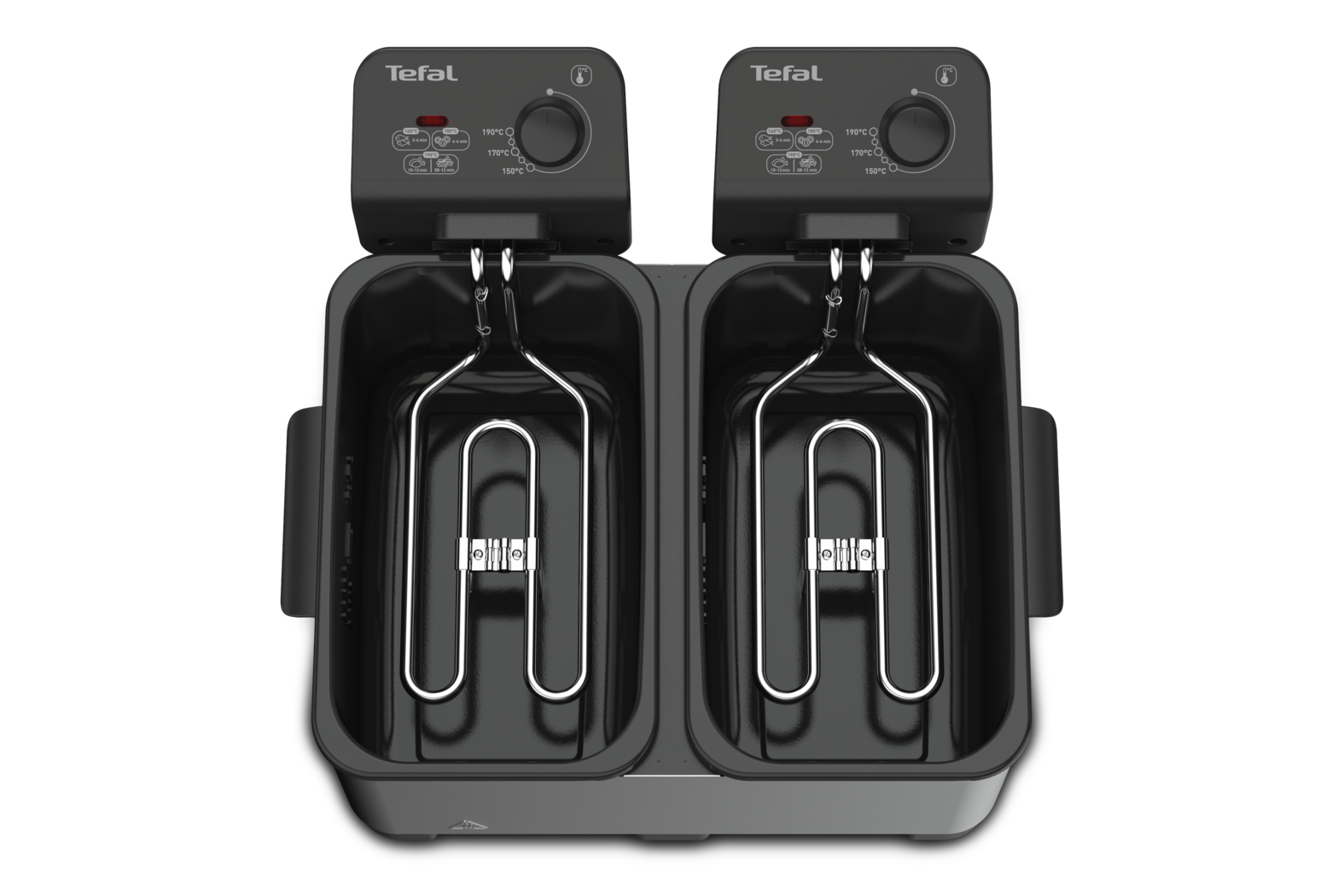 Friggitrice doppia Tefal con due vasche e resistenze.