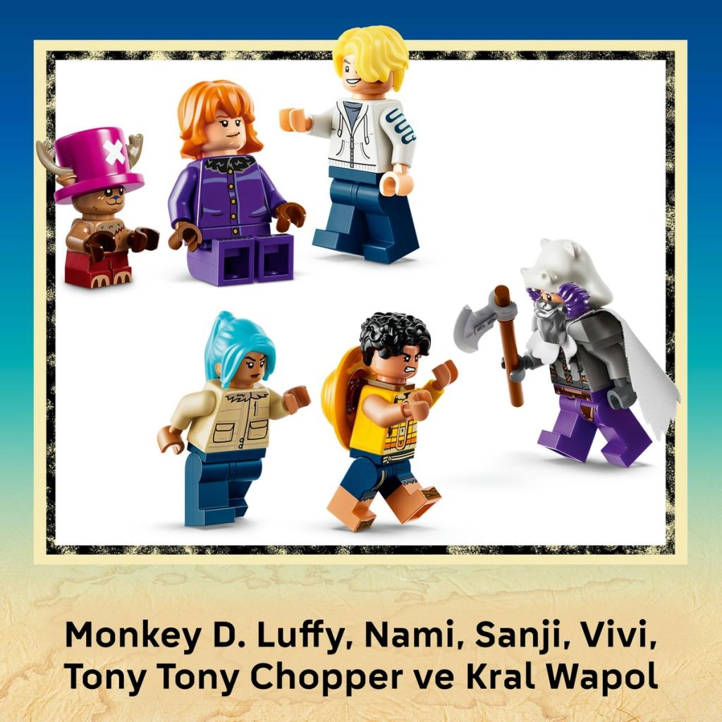 Minifiguras de Lego que incluyen a Luffy, Nami, Sanji, Vivi, Chopper y Wapol sobre fondo azul.