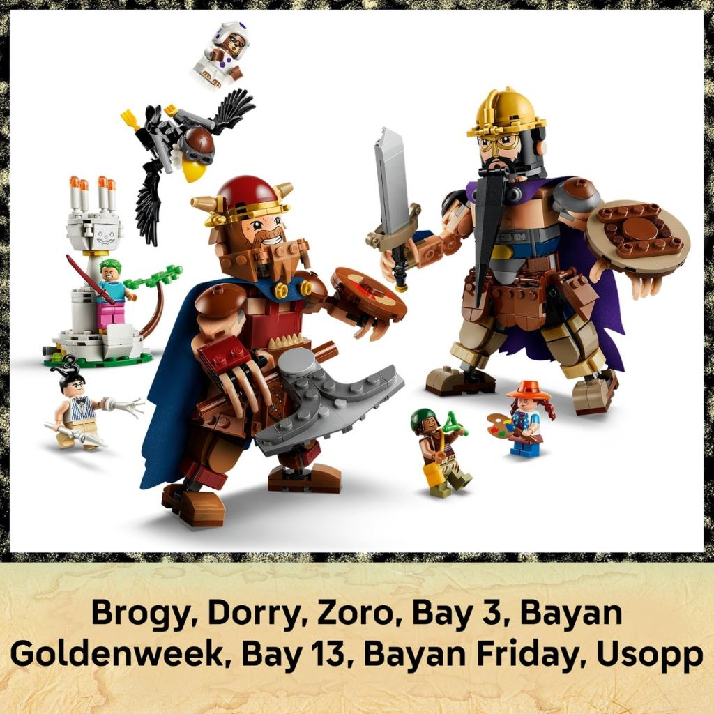Figuras de Lego One Piece con Brogy, Dorry, Zoro y otros personajes con accesorios sobre un fondo blanco.