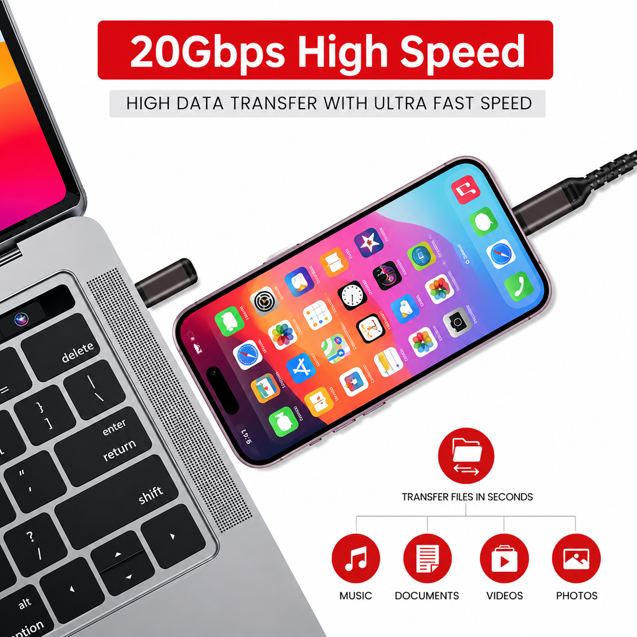 Smartphone conectado a una laptop por cable USB, indicando transferencia de datos de alta velocidad a 20 Gbps.