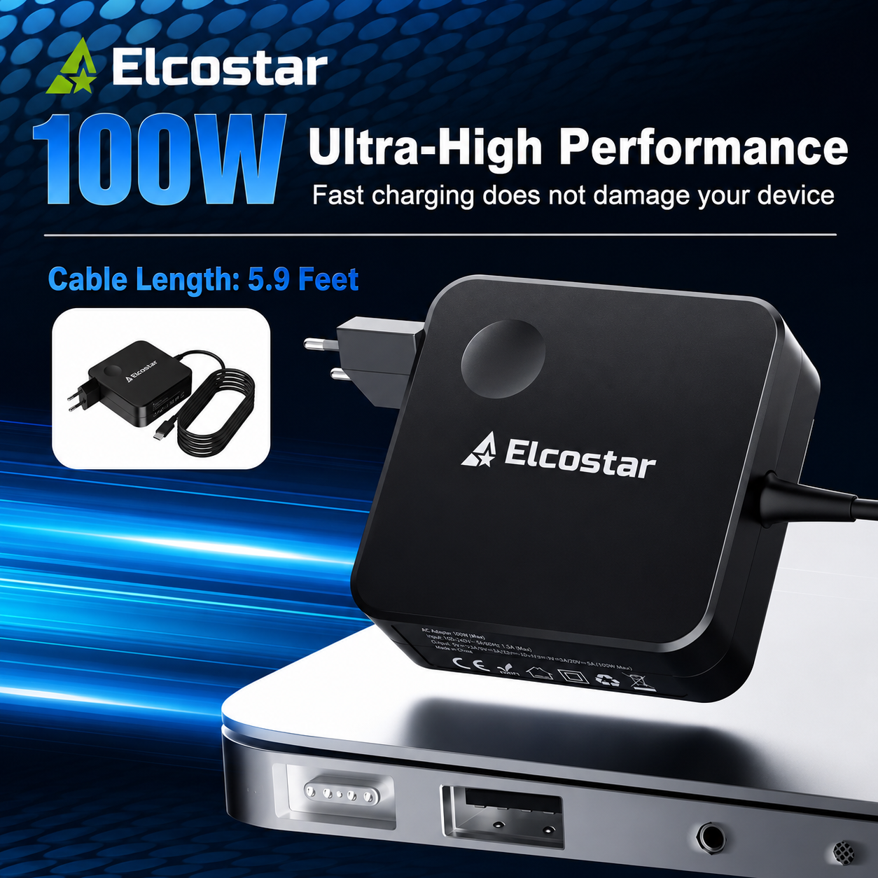 Zwarte Elcostar 100W stroomadapter op metalen oppervlak met tekst over snelladen.